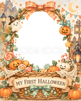 キャンディかごに入る赤ちゃん用ハロウィン写真フレーム｜無料イラスト 98088