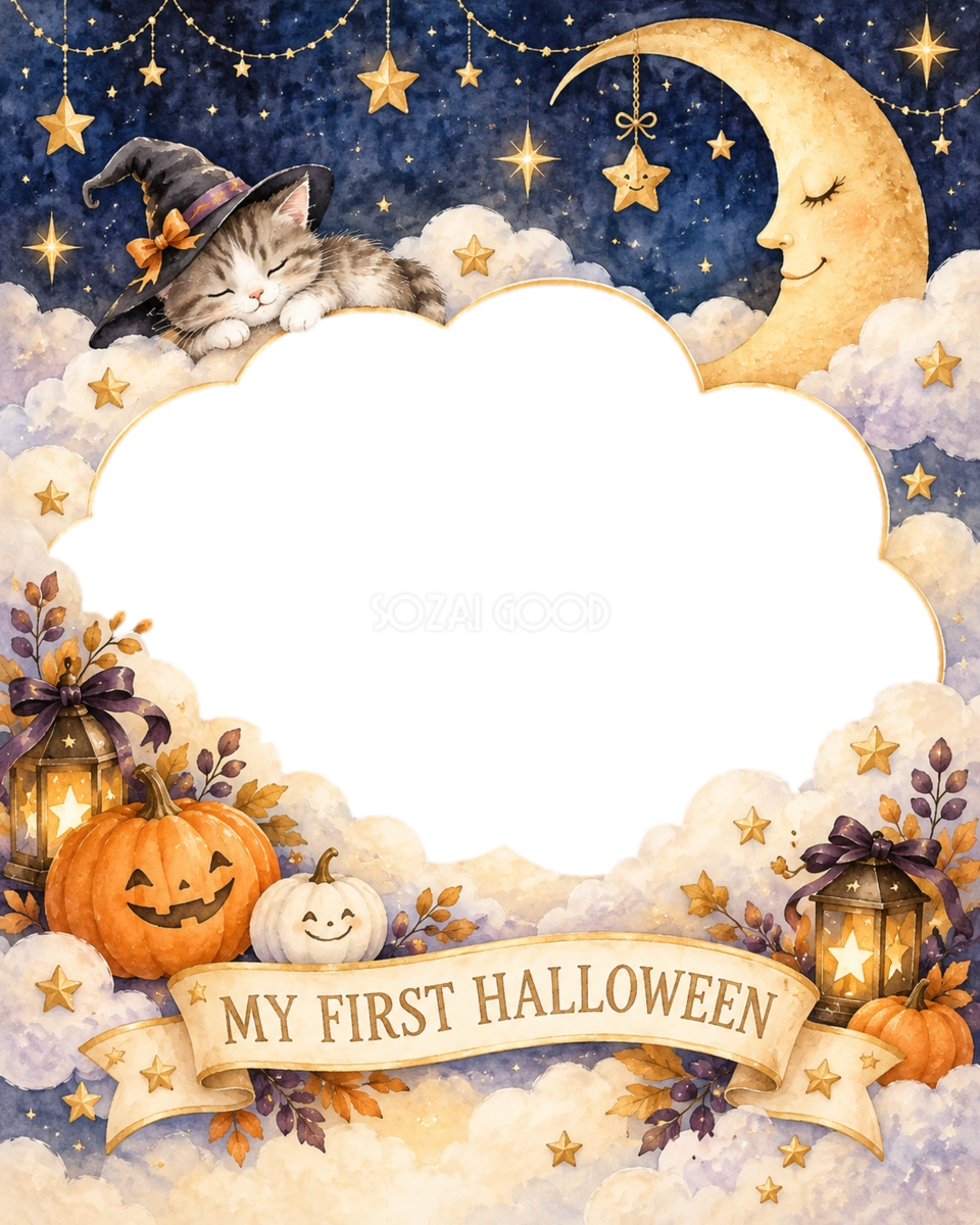月と星のお昼寝赤ちゃん用ハロウィン写真フレーム|無料イラスト 98089