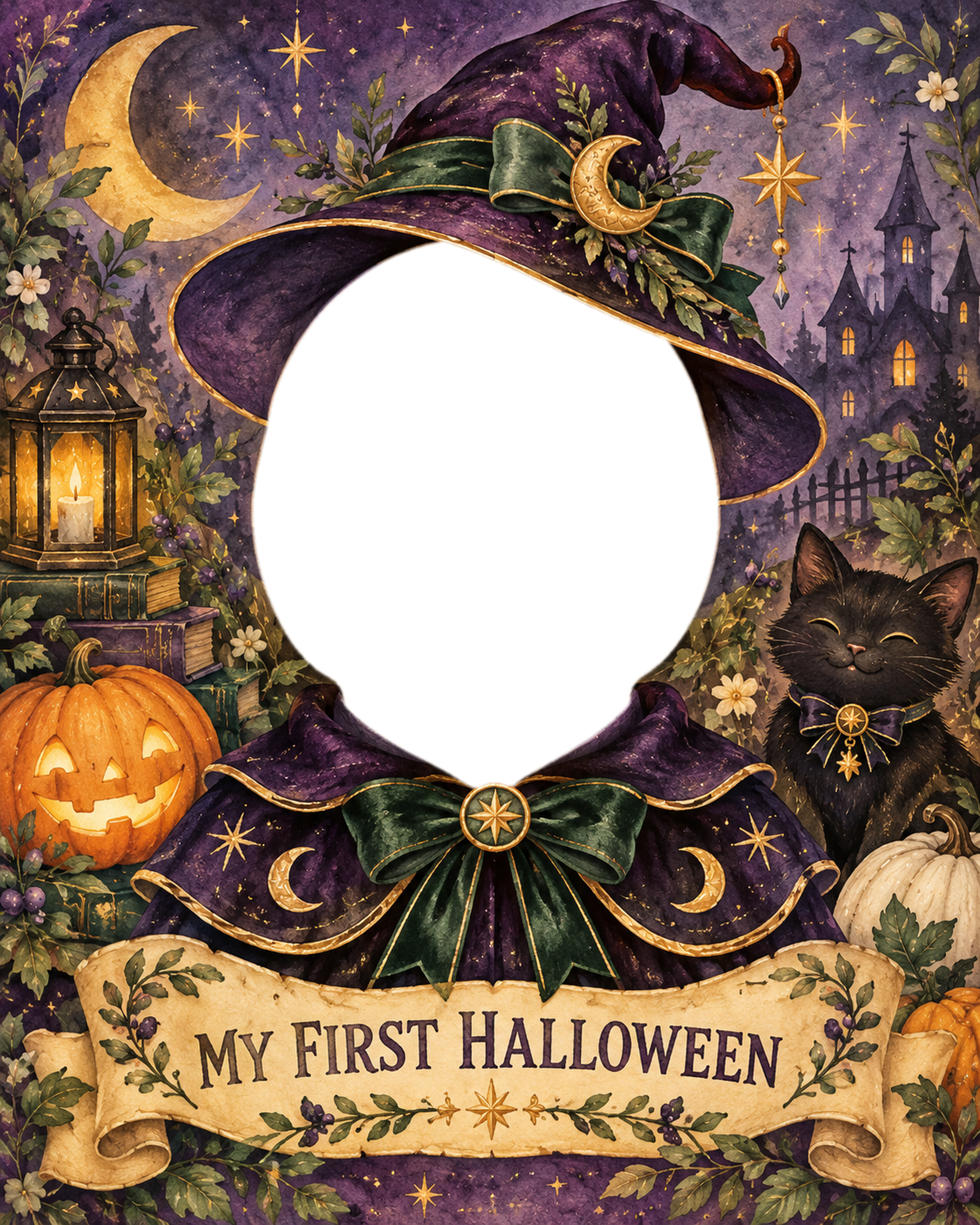 小さな魔法使いになる赤ちゃん用ハロウィン写真フレーム｜無料イラスト 98091に写真・文字を入れる