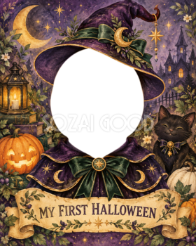 小さな魔法使いになる赤ちゃん用ハロウィン写真フレーム｜無料イラスト 98091