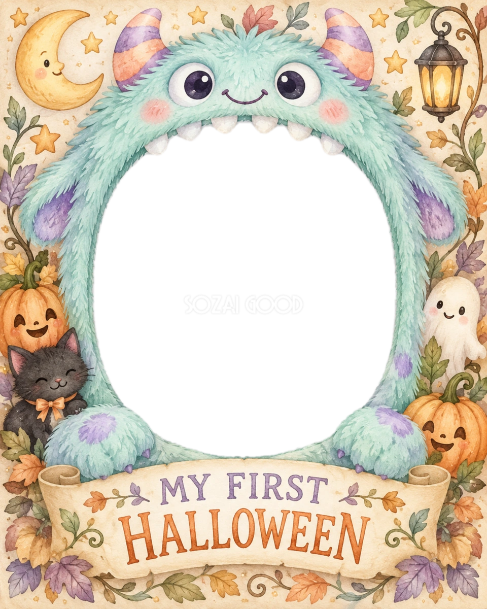 ふわふわモンスターの赤ちゃん用ハロウィン写真フレーム|無料イラスト 98092