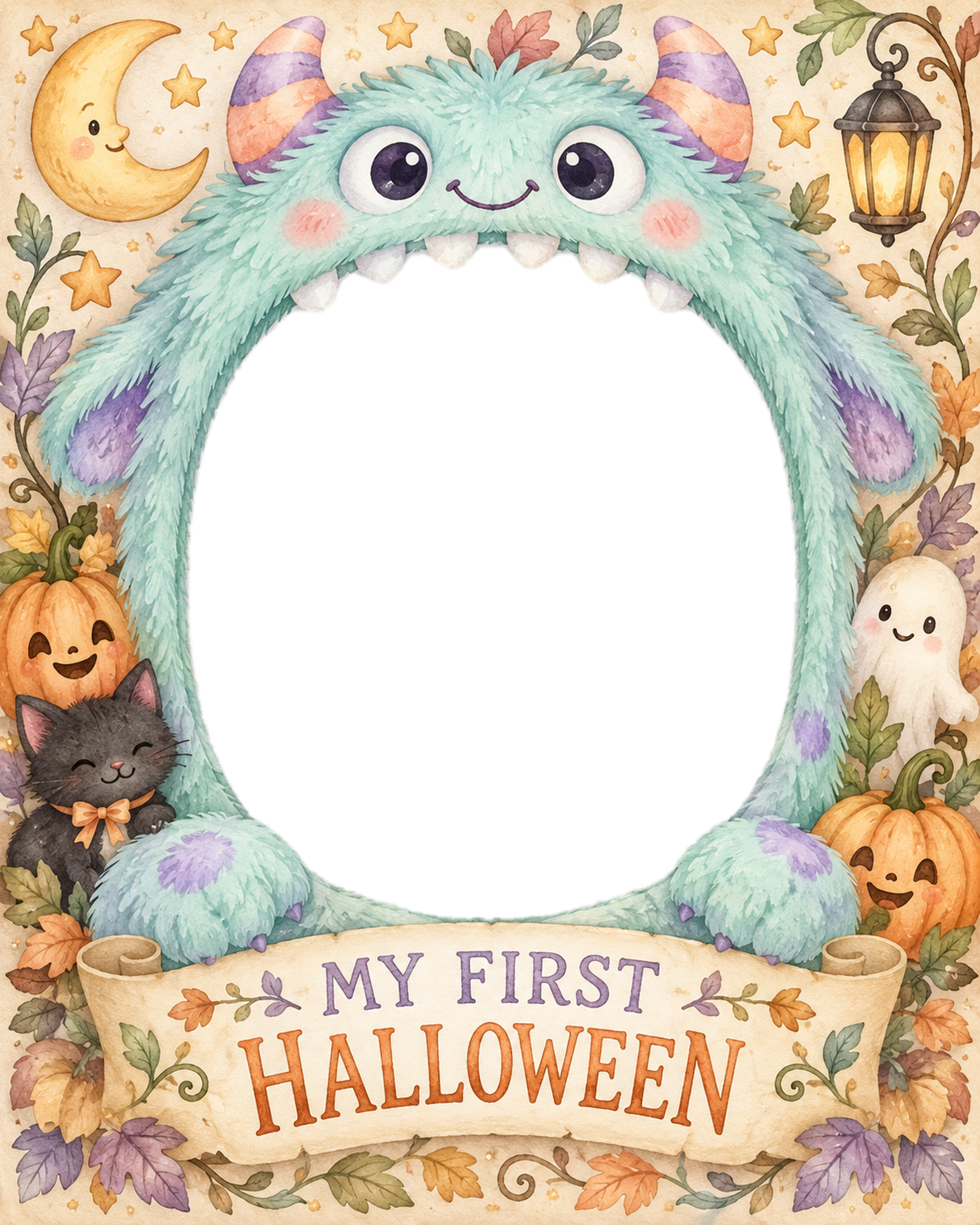 ふわふわモンスターの赤ちゃん用ハロウィン写真フレーム｜無料イラスト 98092に写真・文字を入れる