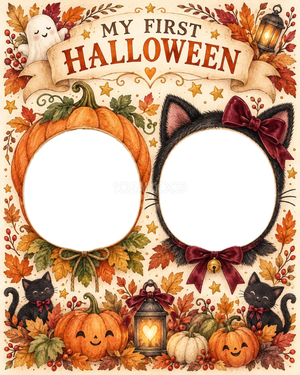 双子やきょうだいを並べる赤ちゃん用ハロウィン写真フレーム|無料イラスト 98094