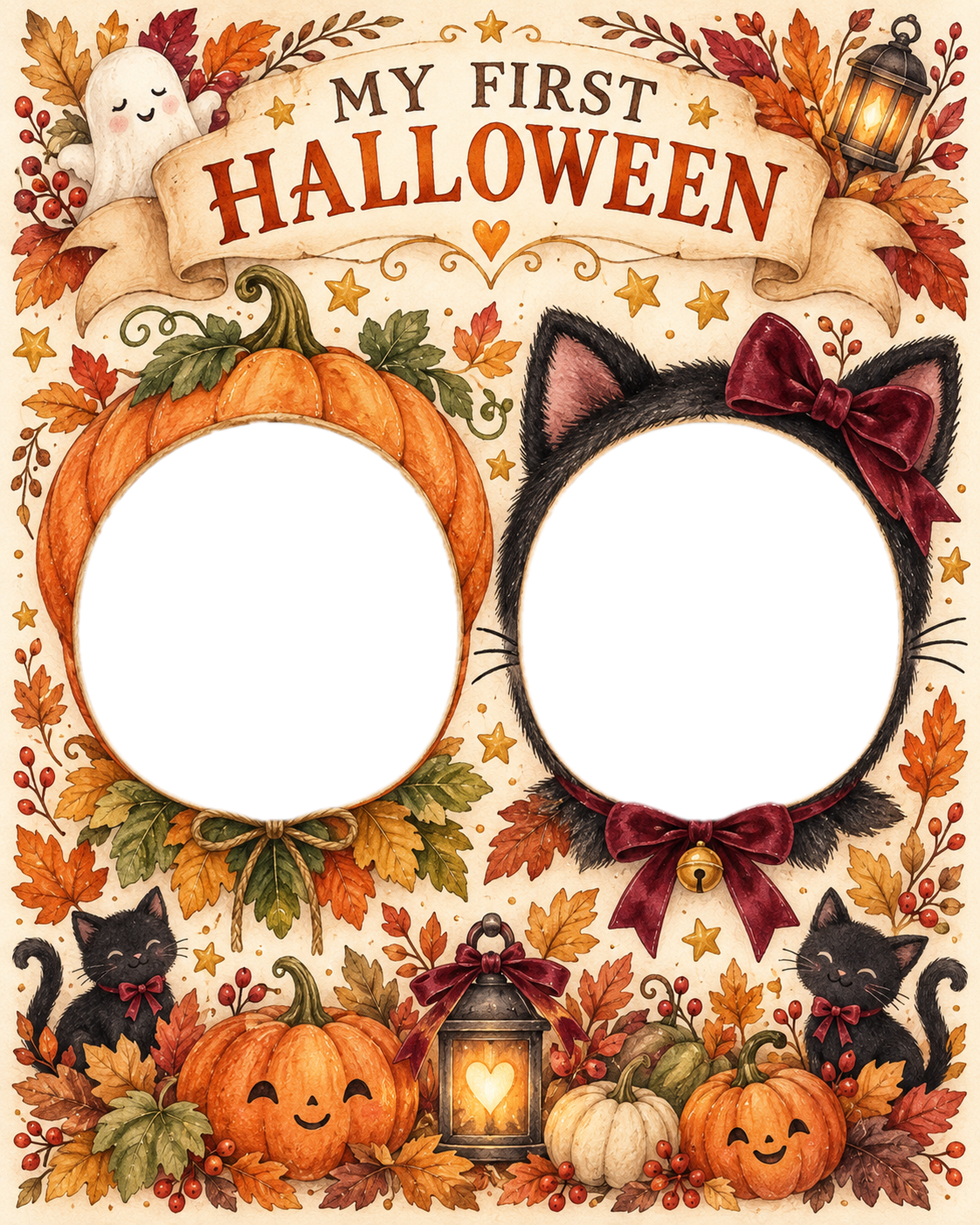 双子やきょうだいを並べる赤ちゃん用ハロウィン写真フレーム｜無料イラスト 98094に写真・文字を入れる