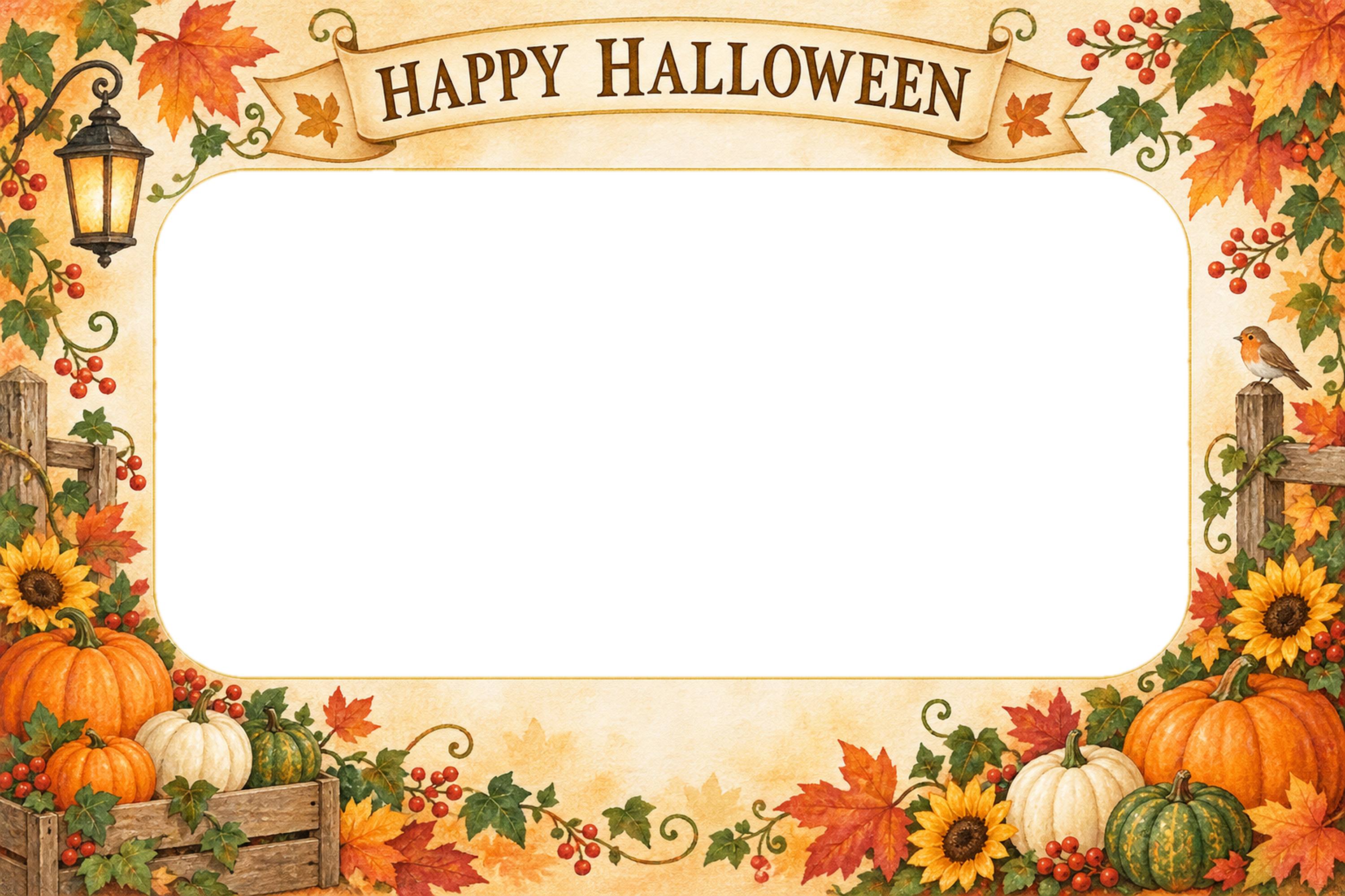 秋色かぼちゃと紅葉の家族ハロウィン写真フレーム｜無料イラスト 98097に写真・文字を入れる