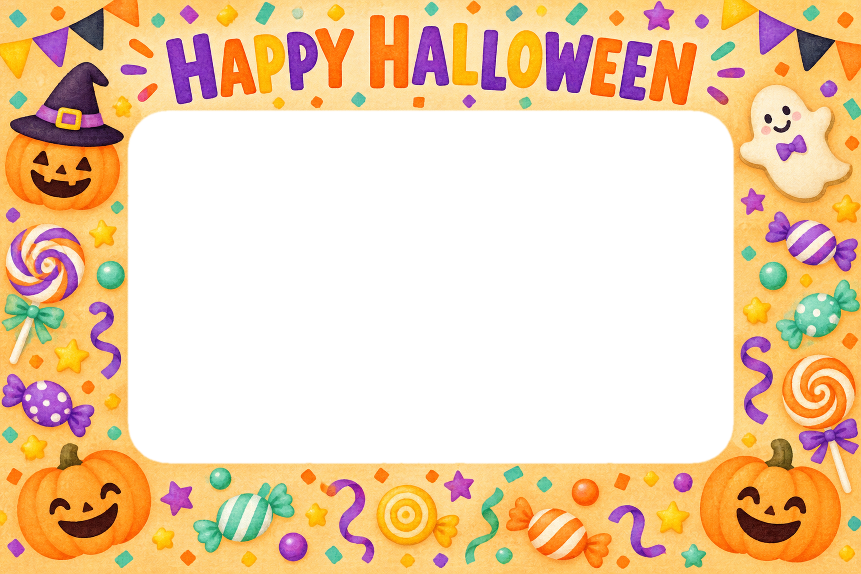 キャンディと紙吹雪の明るいハロウィン写真フレーム｜無料イラスト 98101に写真・文字を入れる