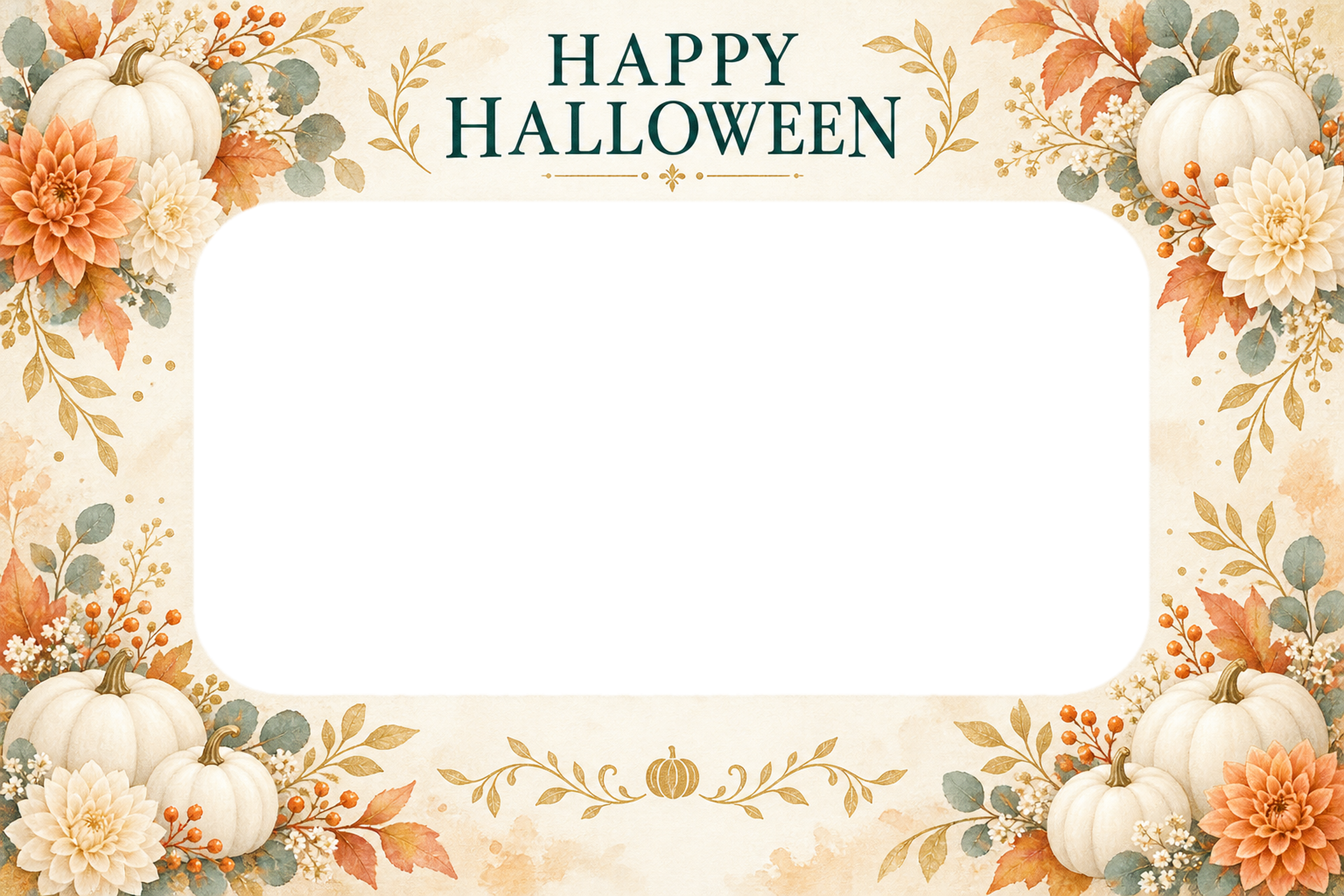 白かぼちゃと秋の花のおしゃれなハロウィン写真フレーム｜無料イラスト 98102に写真・文字を入れる