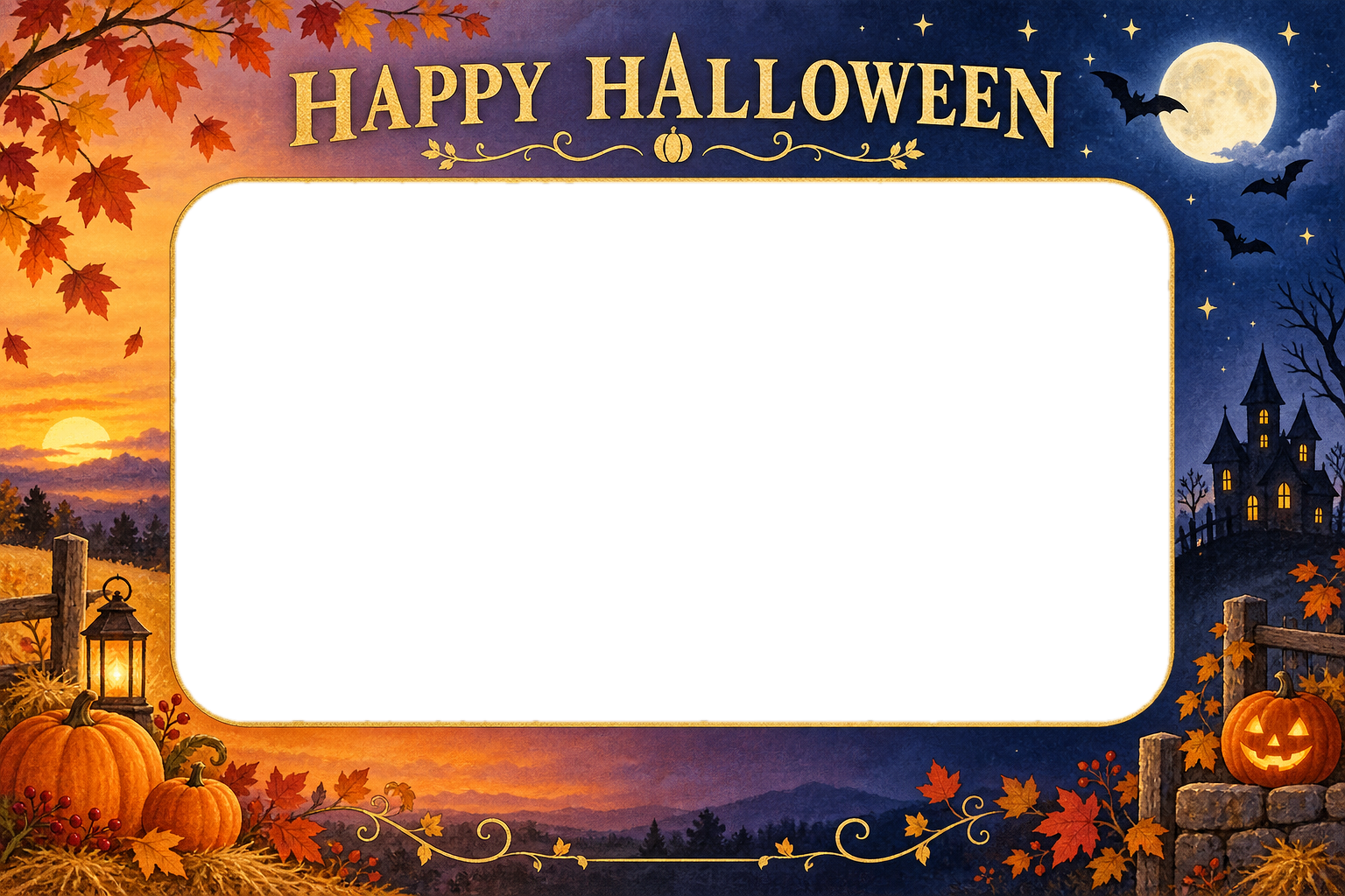 夕暮れと月夜のハロウィン写真フレーム｜無料イラスト 98104に写真・文字を入れる