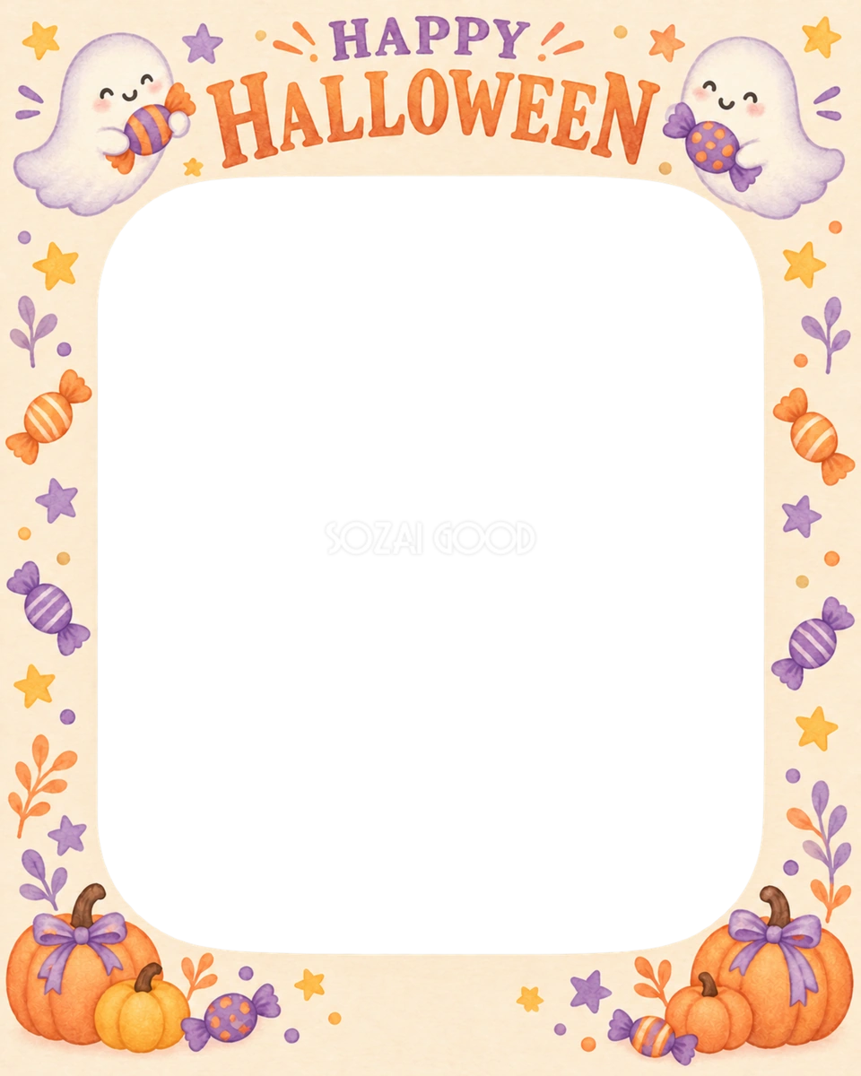 ふたりのおばけとキャンディのハロウィン写真フレーム｜無料イラスト 98113