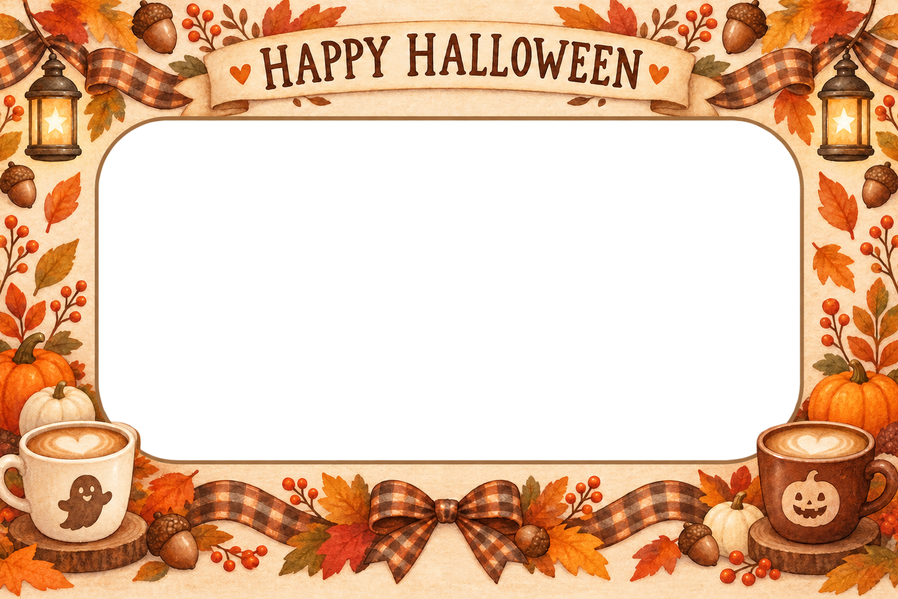 秋カフェとチェックリボンのハロウィン写真フレーム｜無料イラスト 98114に写真・文字を入れる