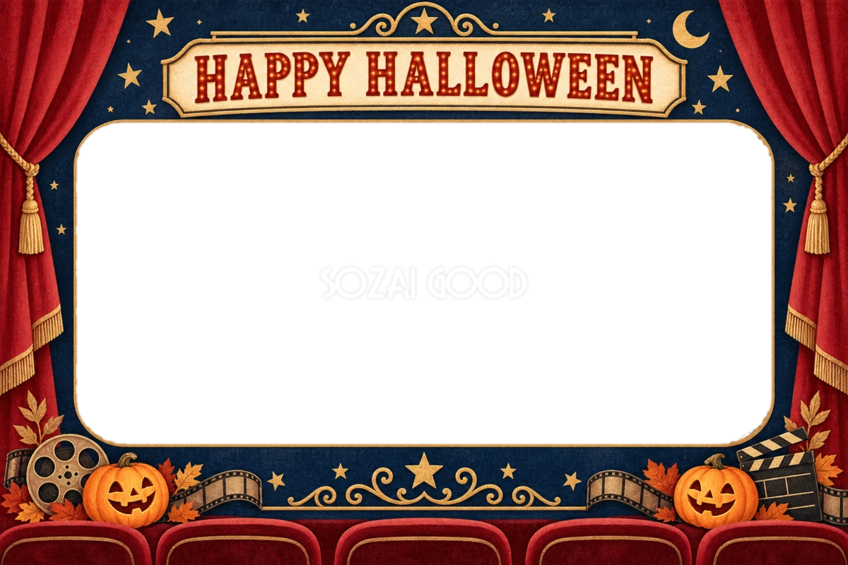 赤い映画館カーテンのハロウィン写真フレーム|無料イラスト 98117