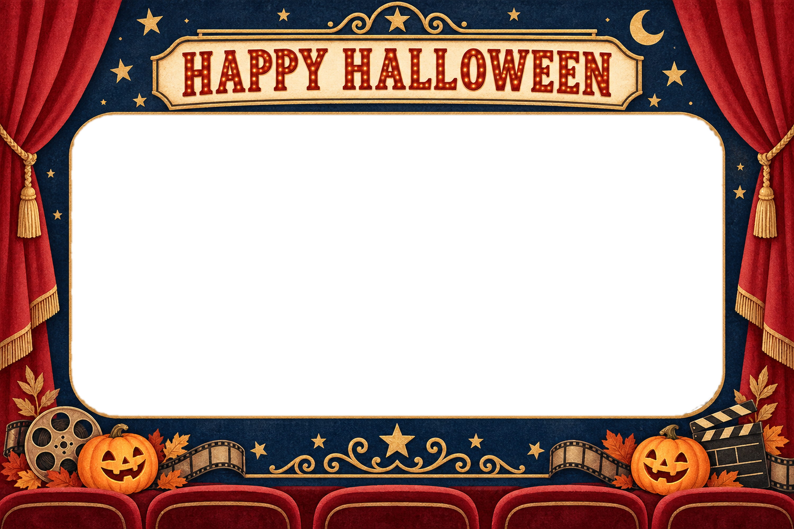 赤い映画館カーテンのハロウィン写真フレーム｜無料イラスト 98117に写真・文字を入れる