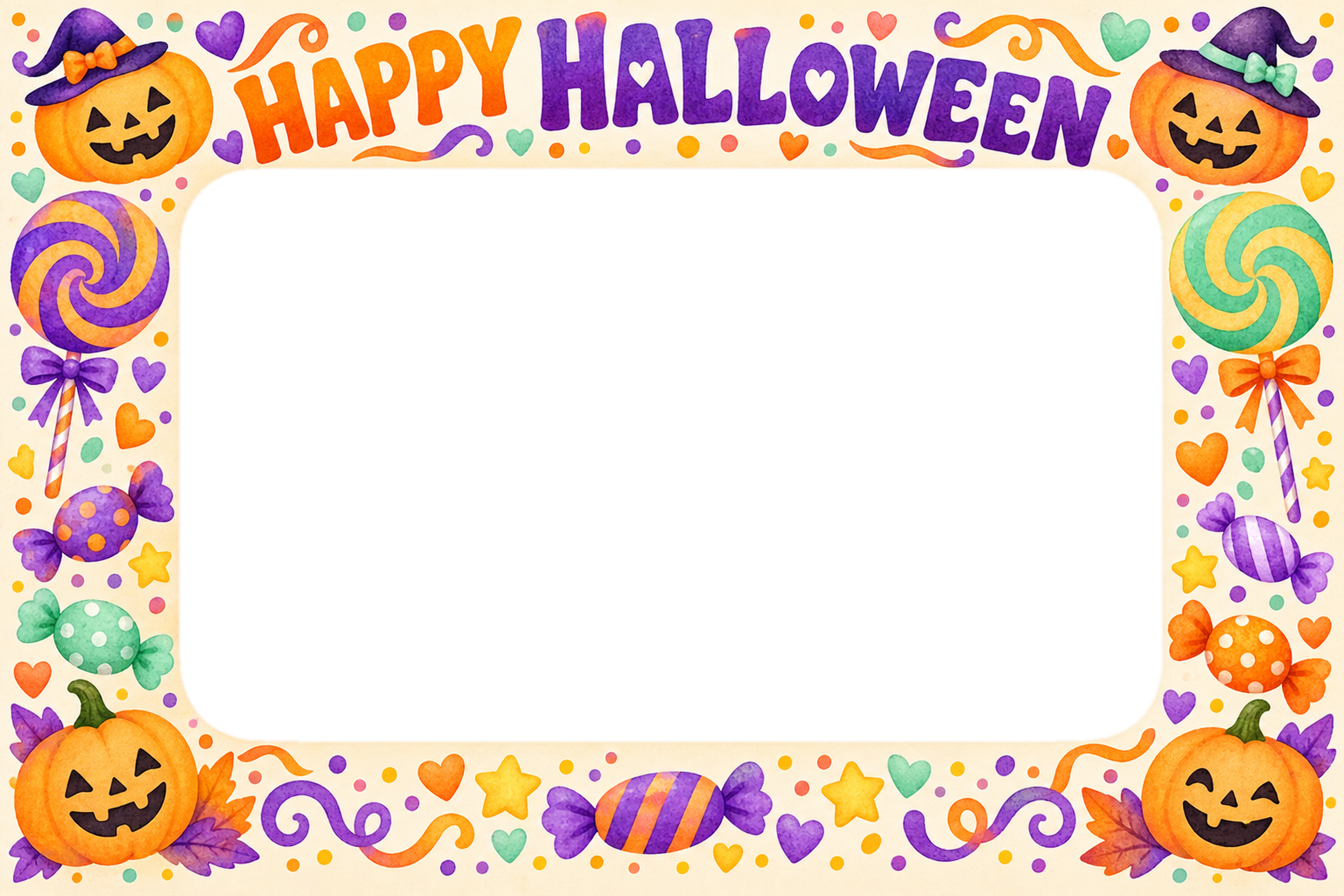 キャンディと紙吹雪のカラフルなハロウィン写真フレーム｜無料イラスト 98119に写真・文字を入れる