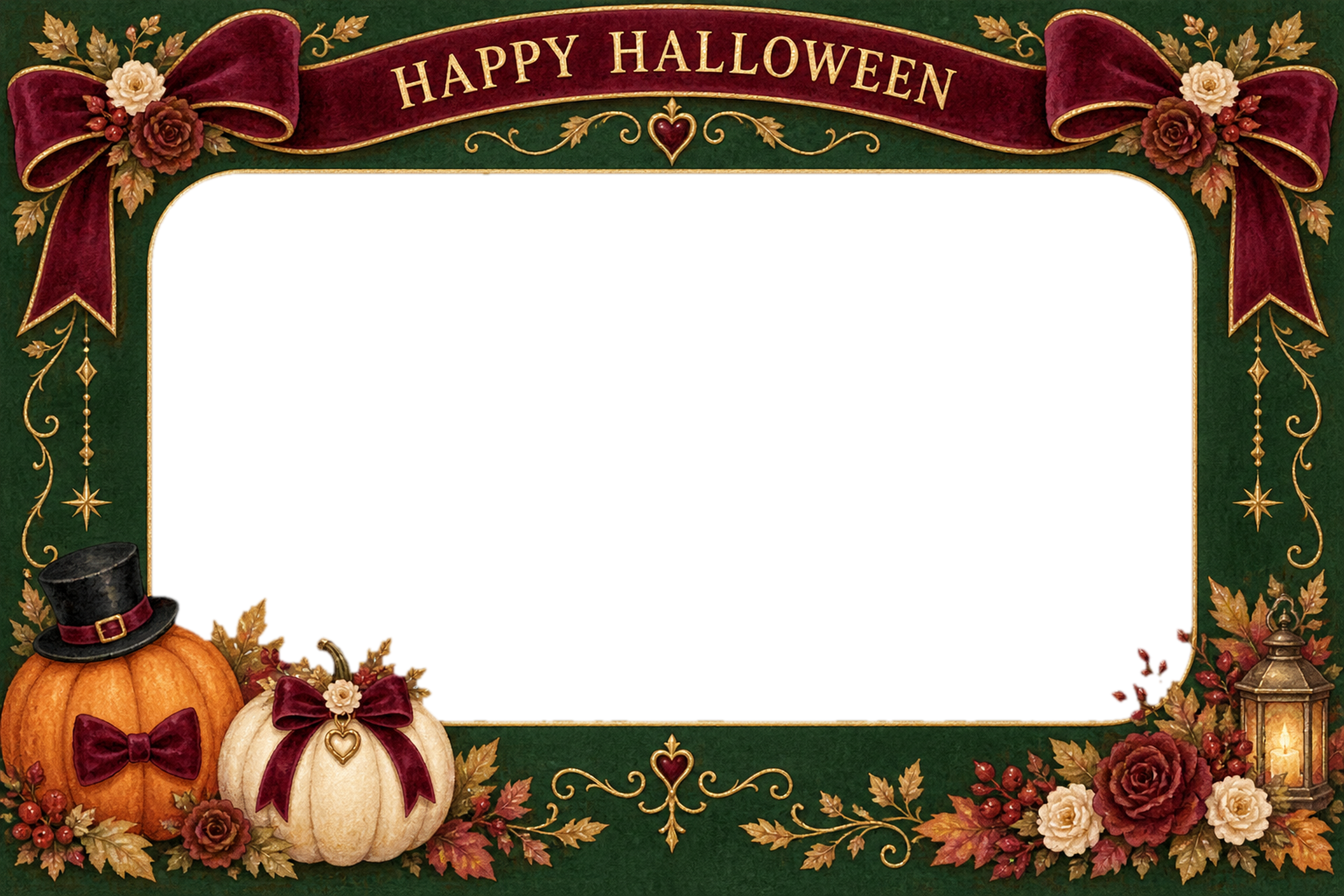 深緑とボルドーリボンのハロウィン写真フレーム｜無料イラスト 98120に写真・文字を入れる