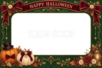 深緑とボルドーリボンのハロウィン写真フレーム｜無料イラスト 98120
