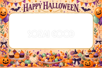 キャンディとお菓子のハロウィン集合写真フレーム｜無料イラスト 98139