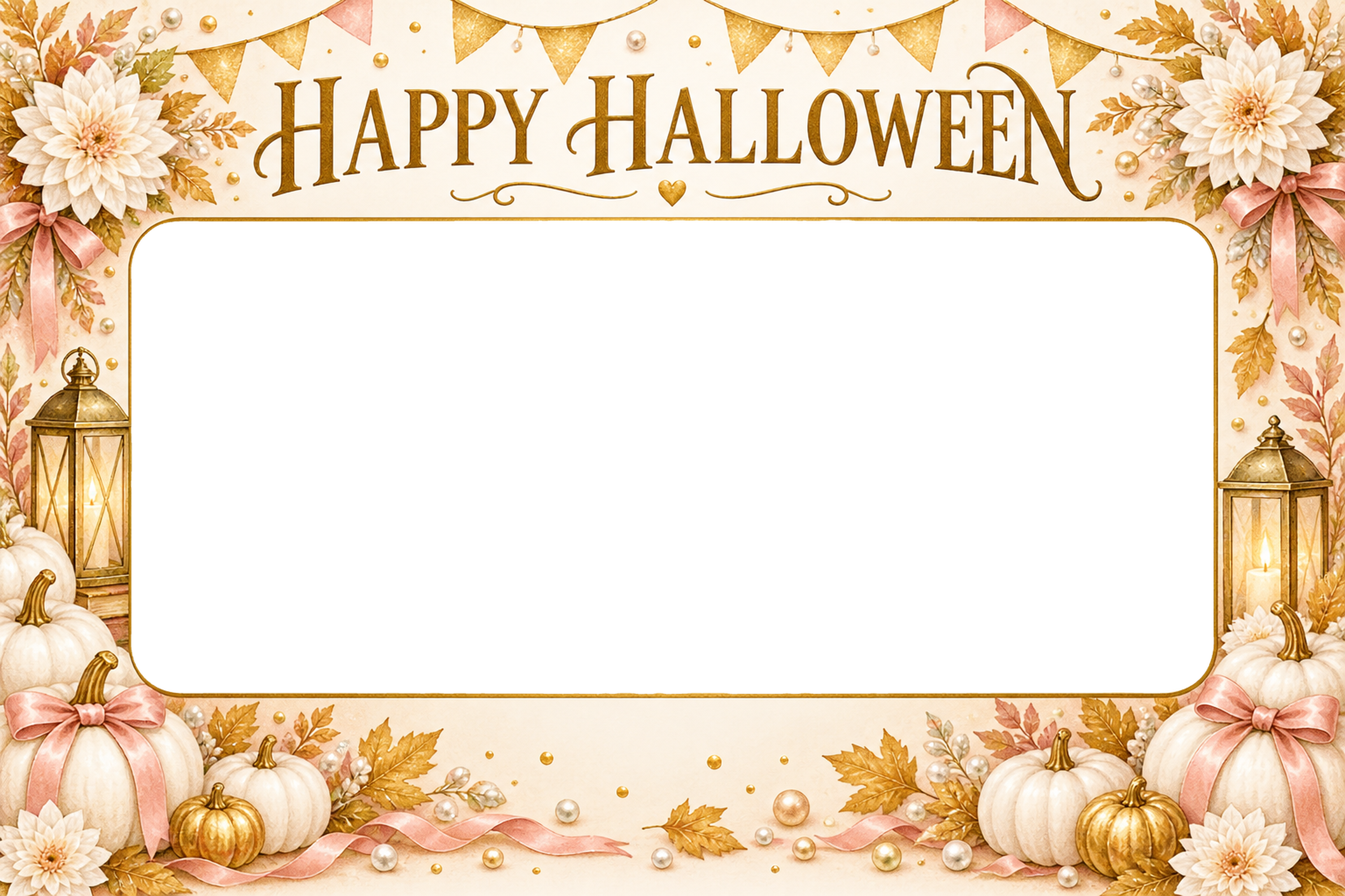 白かぼちゃとリボンのハロウィン集合写真フレーム｜無料イラスト 98142に写真・文字を入れる