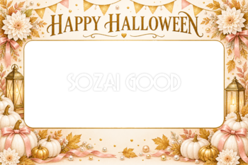 白かぼちゃとリボンのハロウィン集合写真フレーム｜無料イラスト 98142