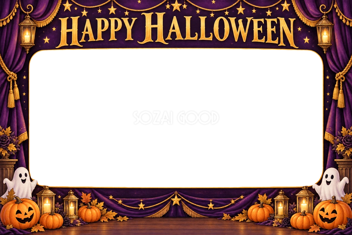 紫のカーテンとステージのハロウィン集合写真フレーム|無料イラスト 98143