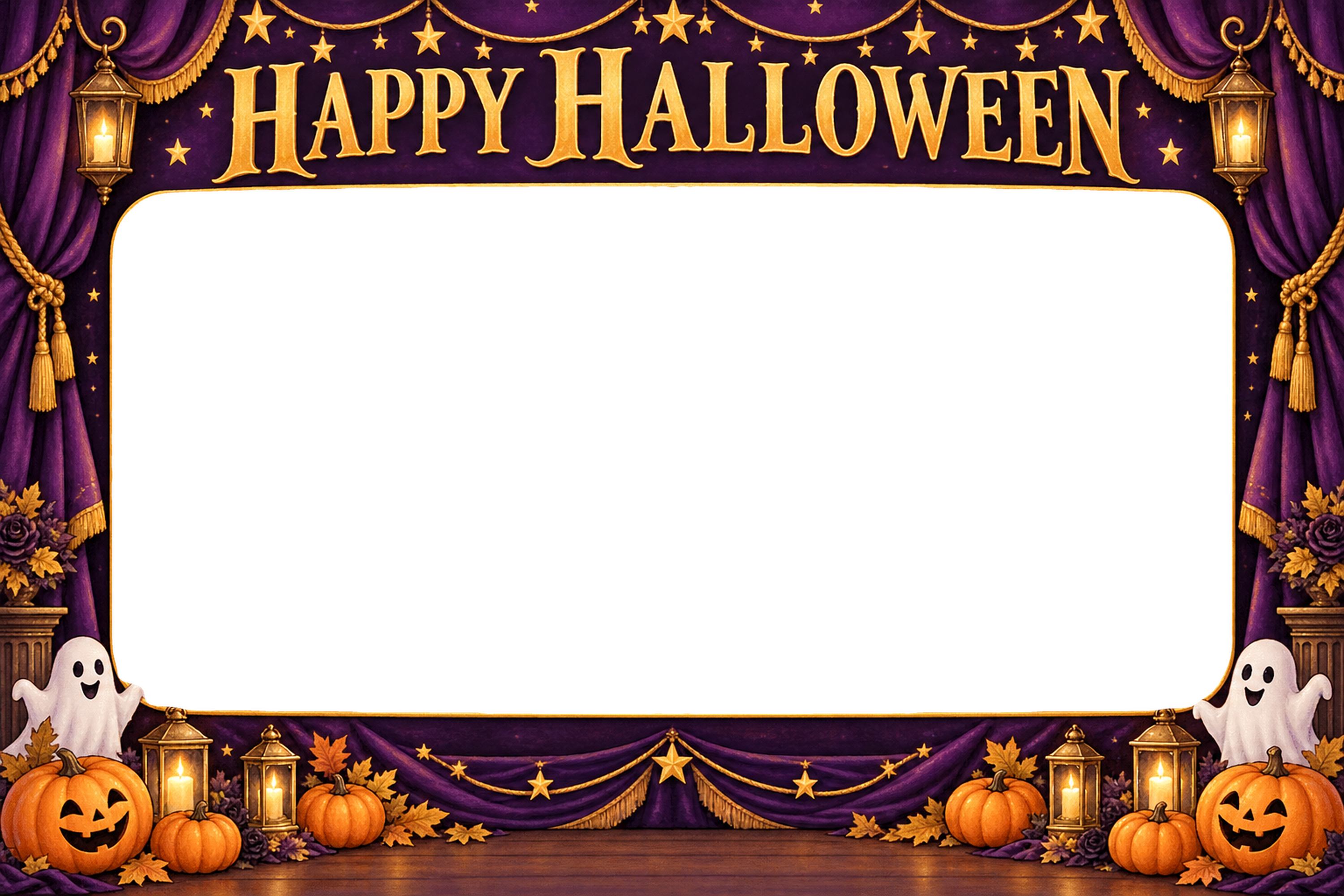紫のカーテンとステージのハロウィン集合写真フレーム｜無料イラスト 98143に写真・文字を入れる