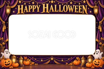 紫のカーテンとステージのハロウィン集合写真フレーム｜無料イラスト 98143