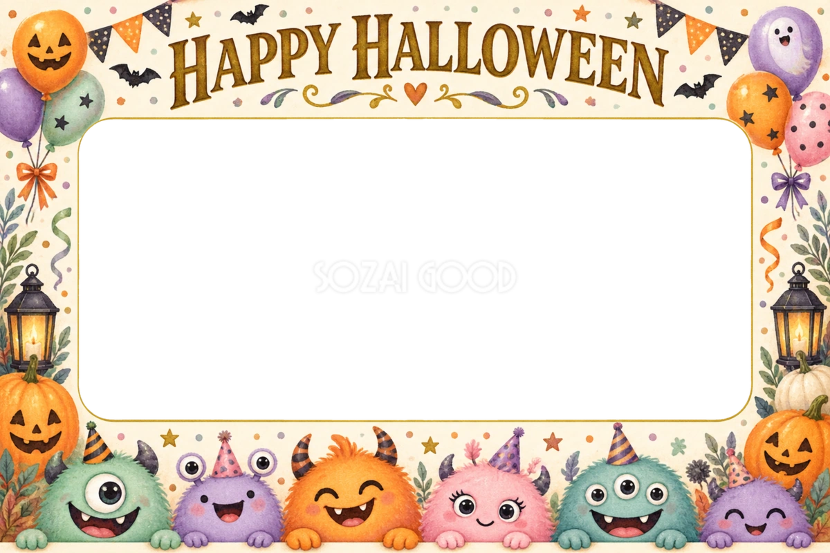 カラフルモンスターのハロウィン集合写真フレーム｜無料イラスト 98144