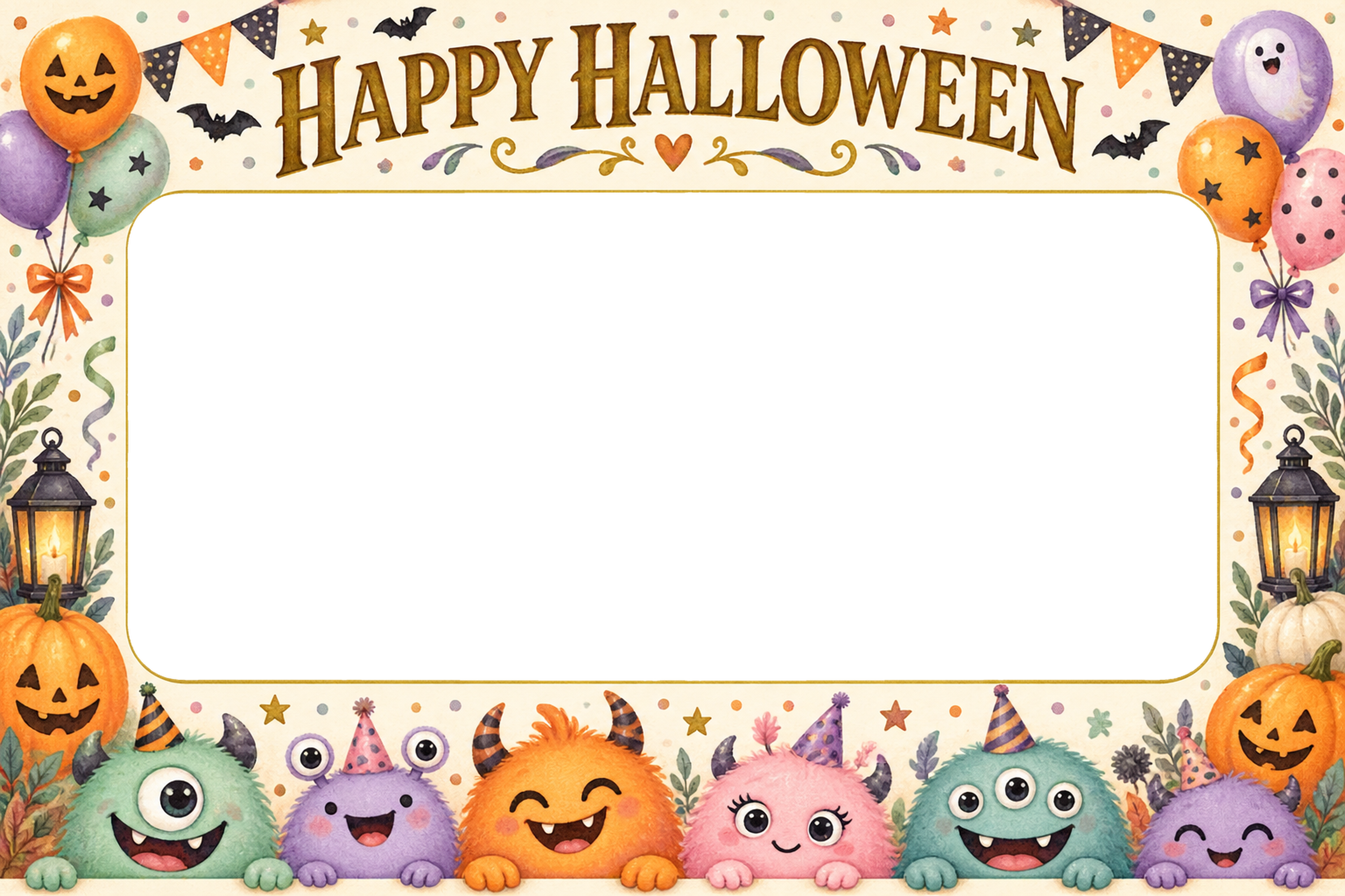 カラフルモンスターのハロウィン集合写真フレーム｜無料イラスト 98144に写真・文字を入れる