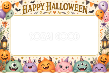 カラフルモンスターのハロウィン集合写真フレーム｜無料イラスト 98144