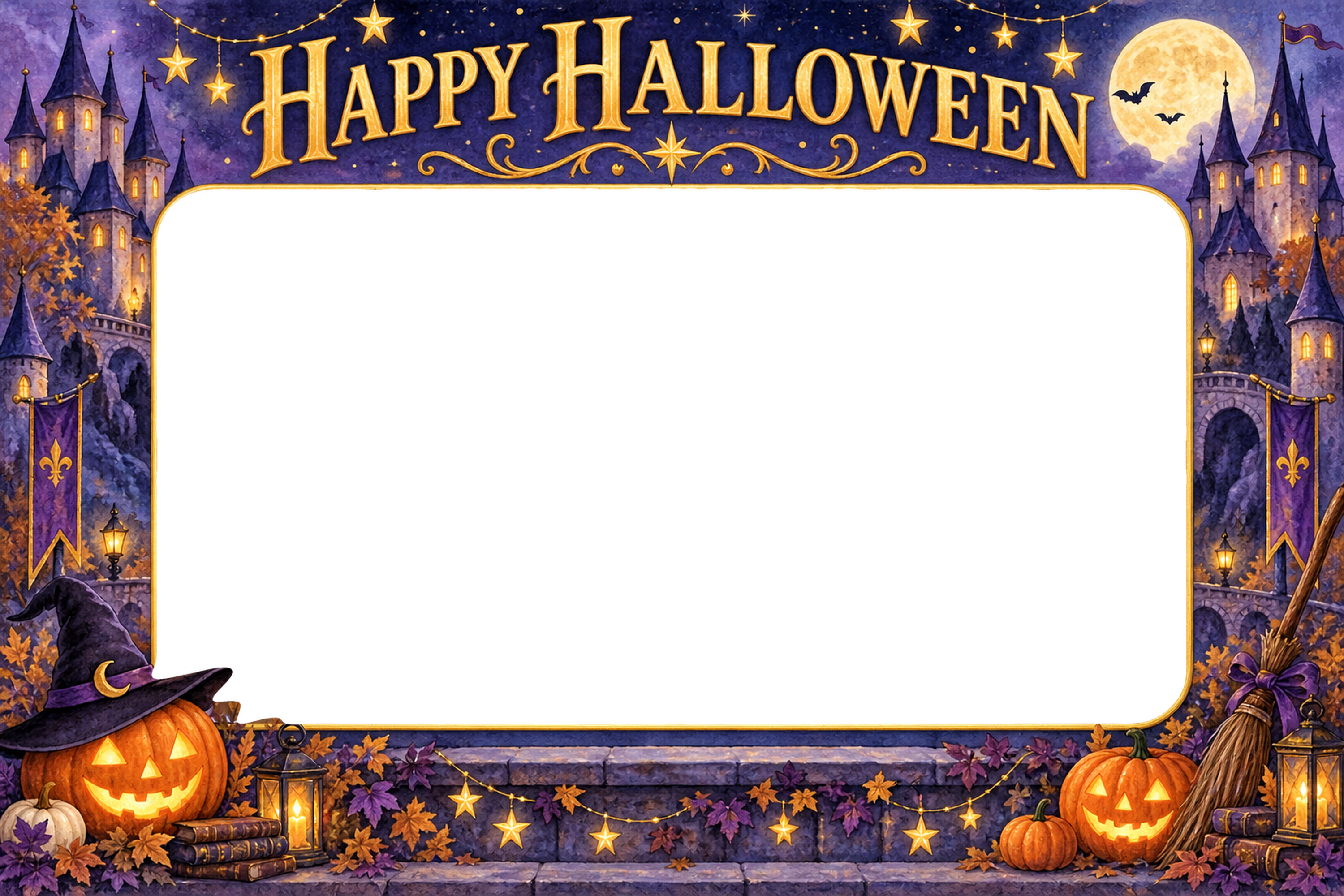 月夜の魔法のお城のハロウィン集合写真フレーム｜無料イラスト 98145に写真・文字を入れる