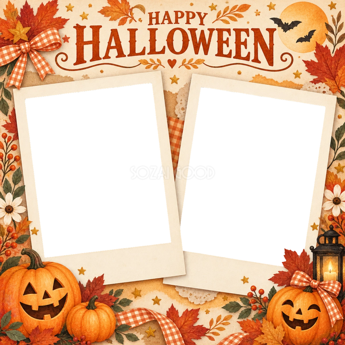 かぼちゃとチェックリボンのハロウィン写真コラージュ|写真2枚の無料イラスト 98149