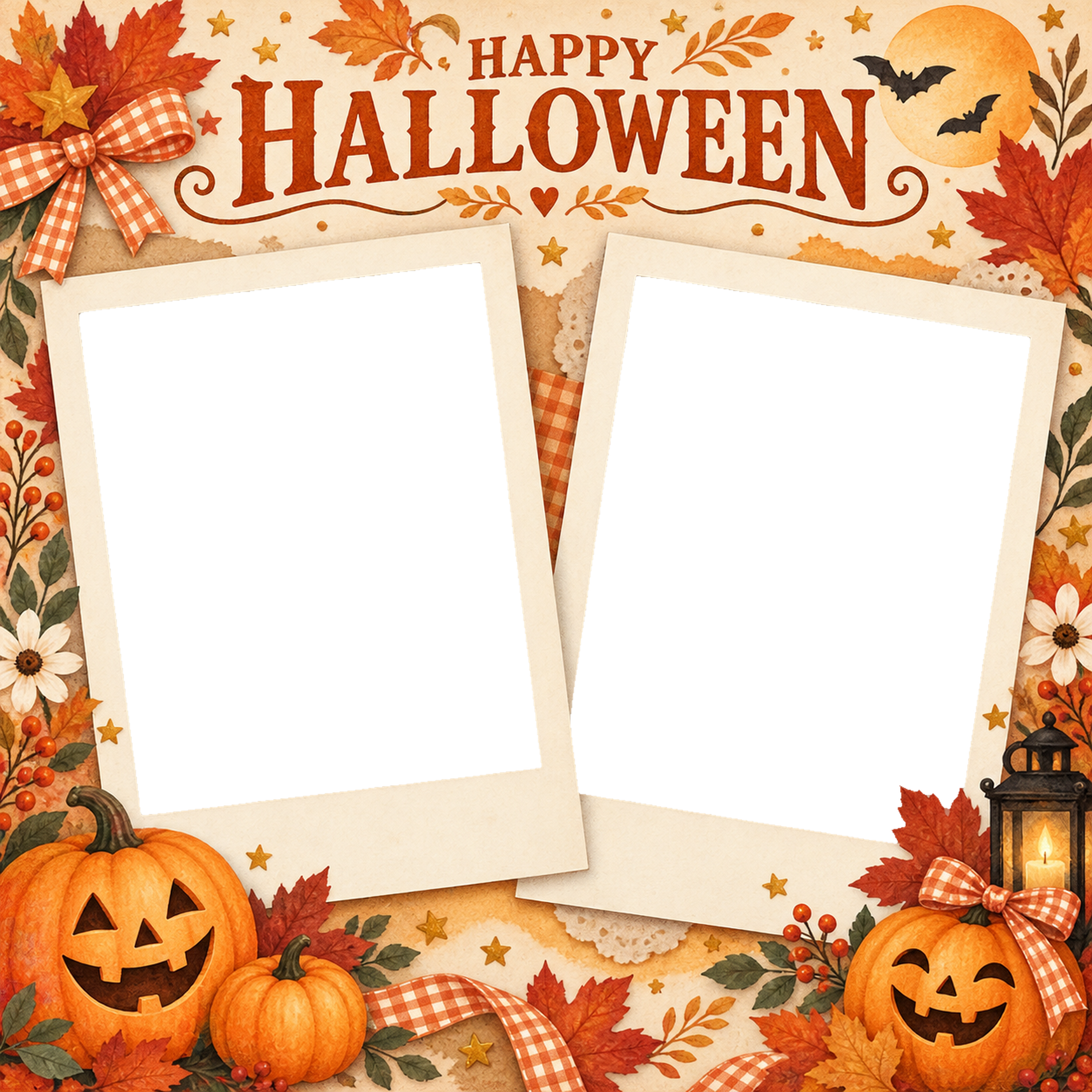 かぼちゃとチェックリボンのハロウィン写真コラージュ｜写真2枚の無料イラスト 98149に写真・文字を入れる