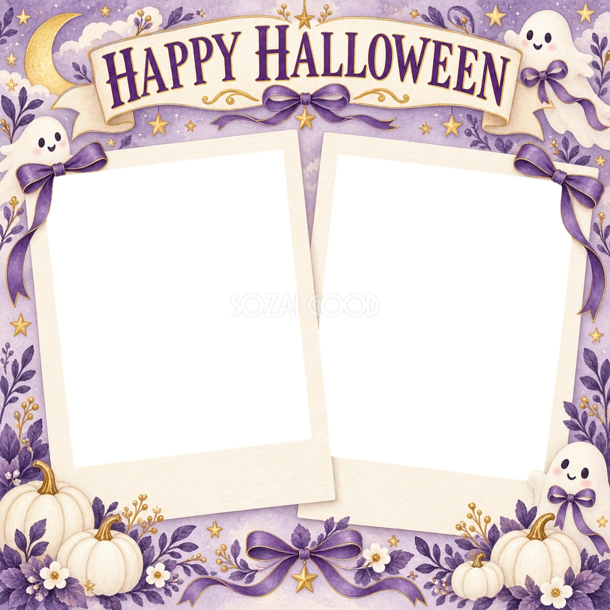 おばけと紫のリボンのハロウィン写真コラージュ|写真2枚の無料イラスト 98150