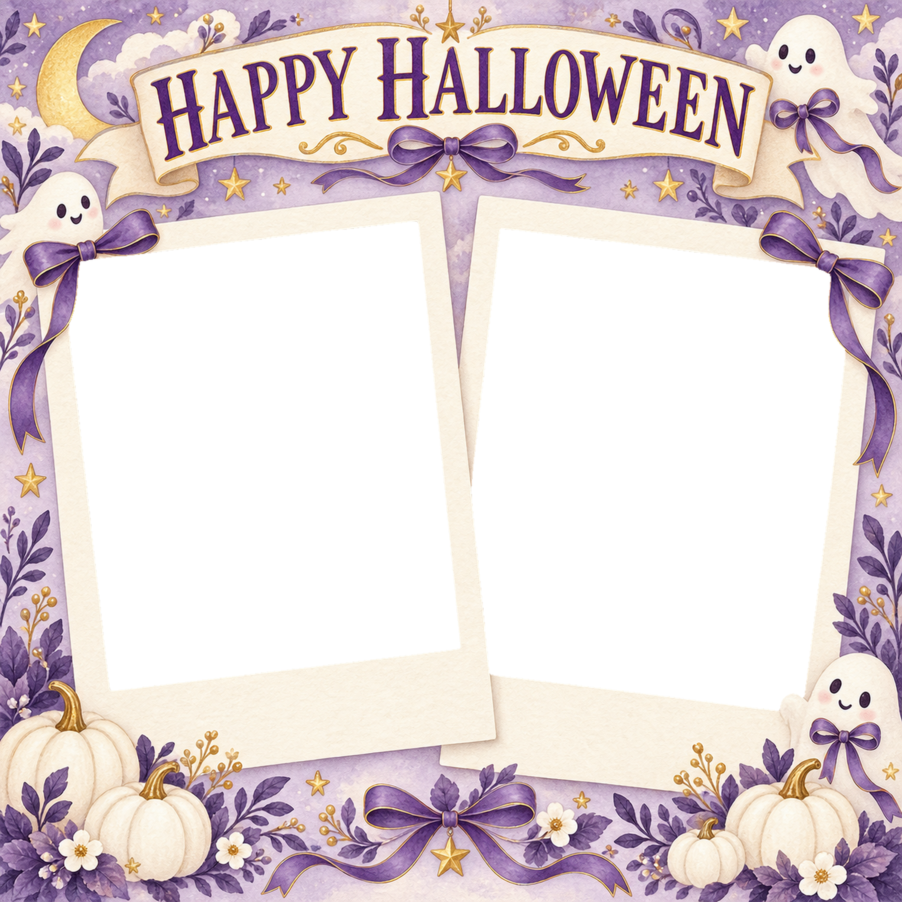 おばけと紫のリボンのハロウィン写真コラージュ｜写真2枚の無料イラスト 98150に写真・文字を入れる