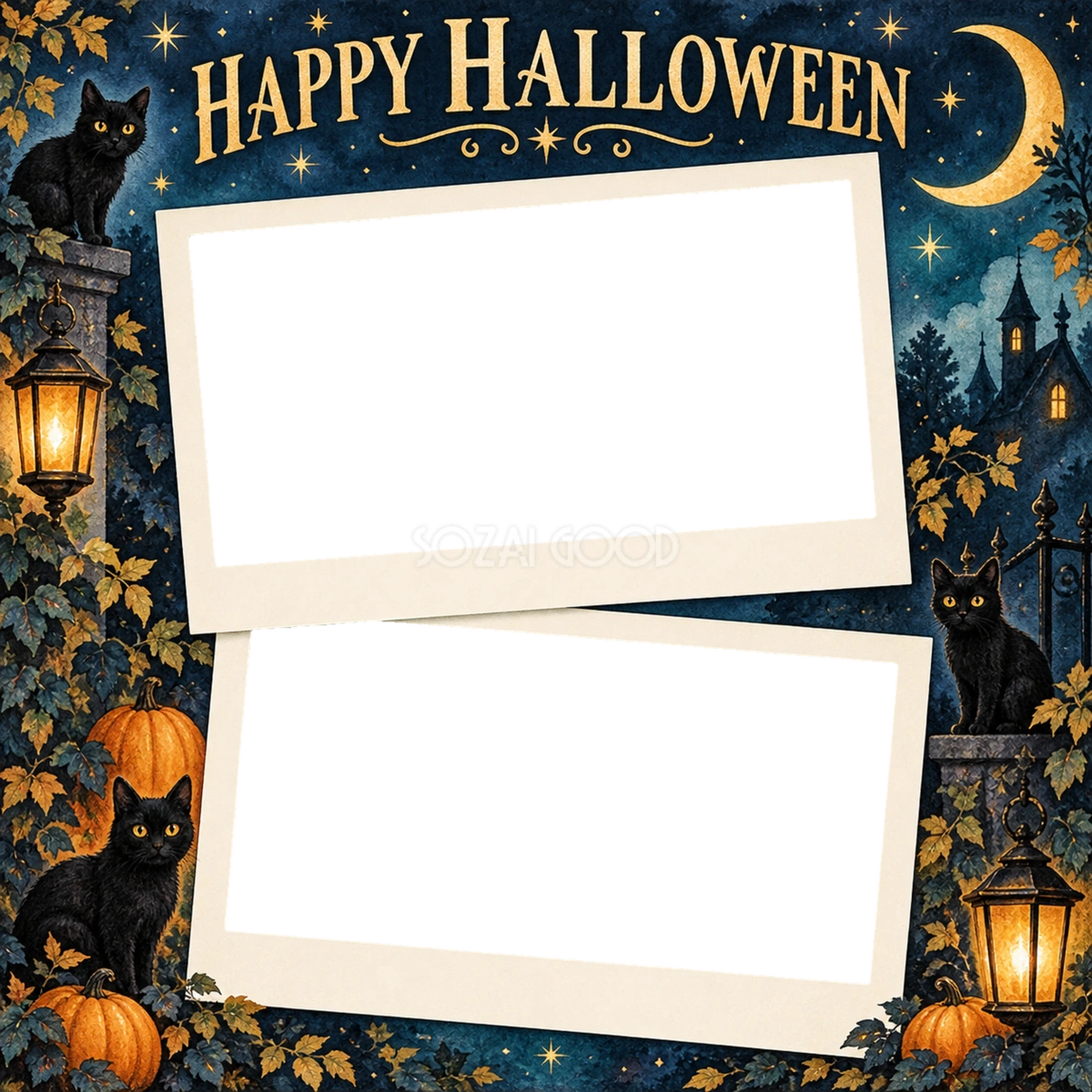 黒猫と月夜のハロウィン写真コラージュ|写真2枚の無料イラスト 98151