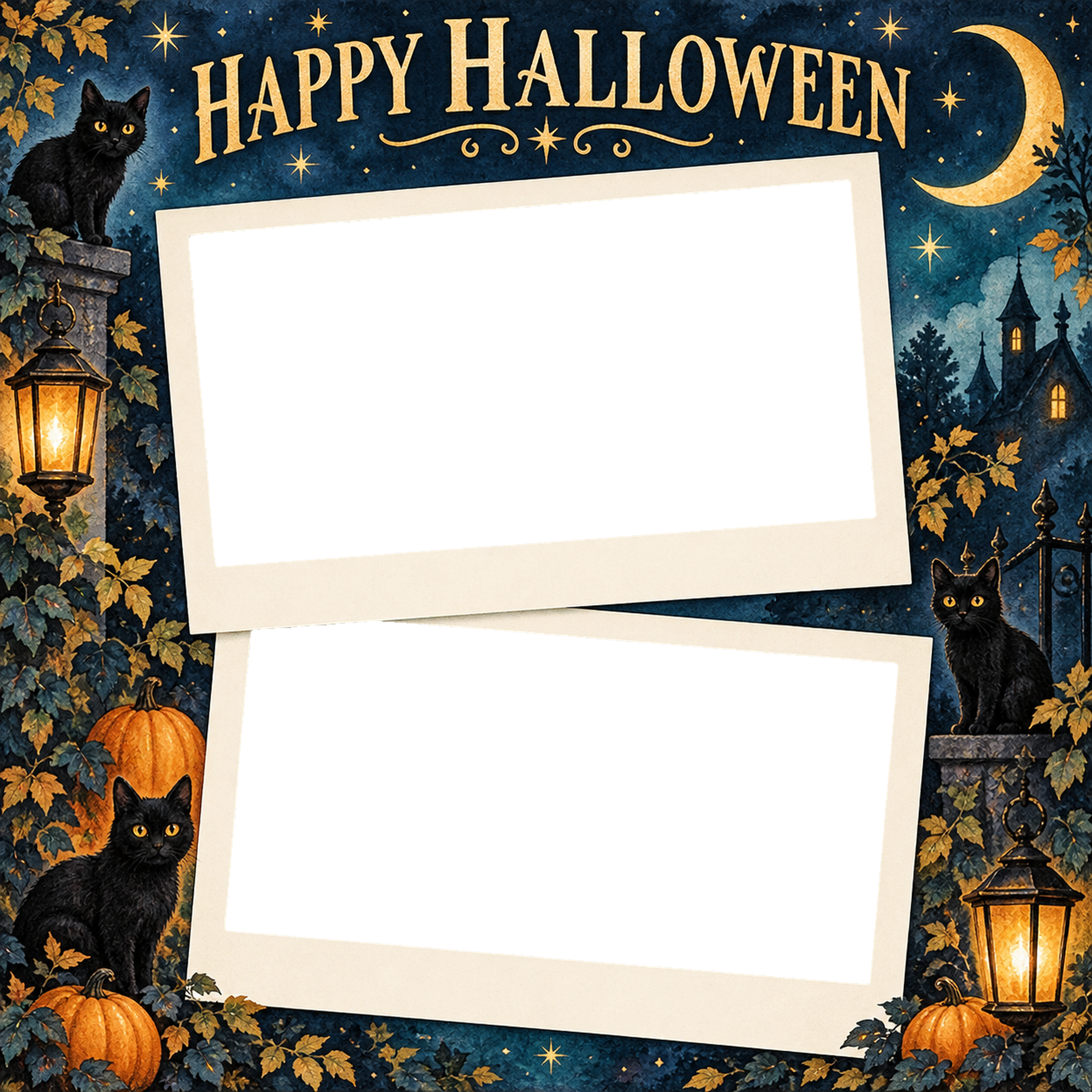 黒猫と月夜のハロウィン写真コラージュ｜写真2枚の無料イラスト 98151に写真・文字を入れる