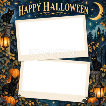 黒猫と月夜のハロウィン写真コラージュ｜写真2枚の無料イラスト 98151