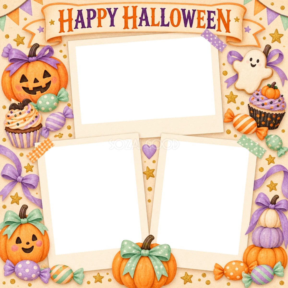 キャンディとお菓子のハロウィン写真コラージュ｜写真3枚の無料イラスト 98153