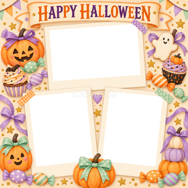 キャンディとお菓子のハロウィン写真コラージュ｜写真3枚の無料イラスト 98153
