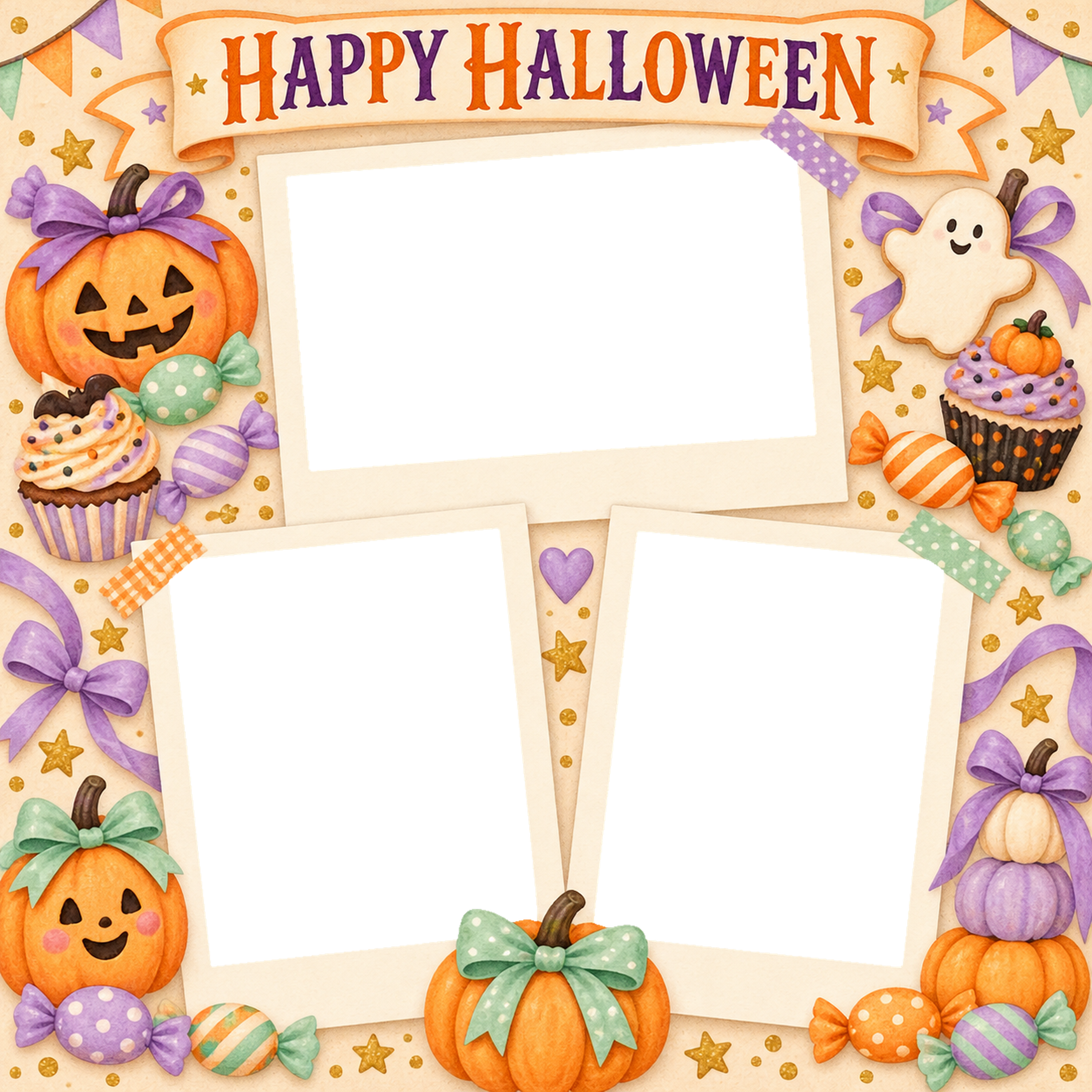 キャンディとお菓子のハロウィン写真コラージュ｜写真3枚の無料イラスト 98153に写真・文字を入れる