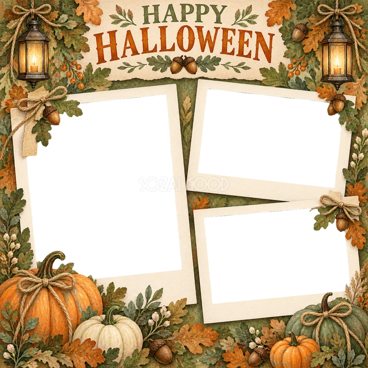 森のランタンのハロウィン写真コラージュ｜写真3枚の無料イラスト 98155