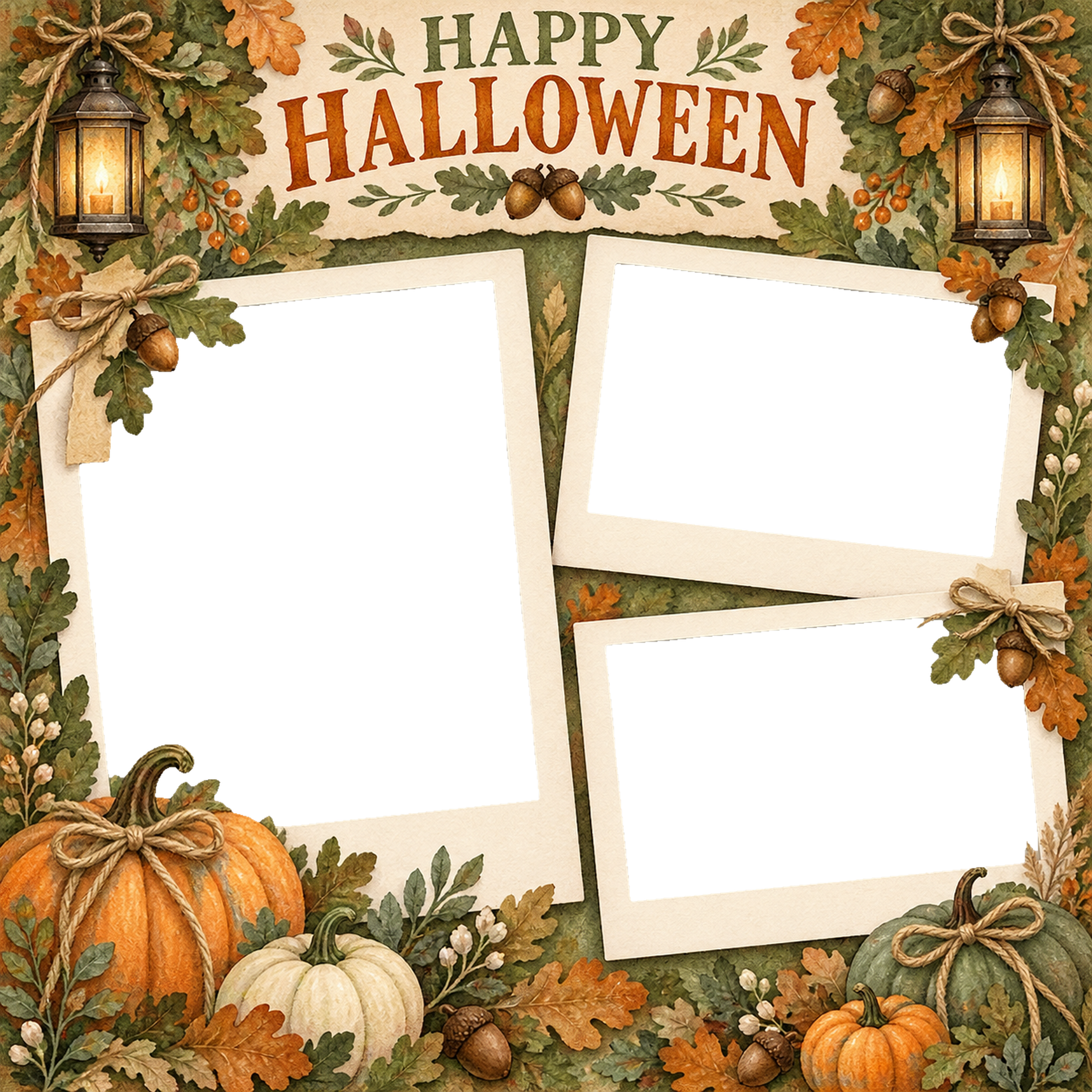 森のランタンのハロウィン写真コラージュ｜写真3枚の無料イラスト 98155に写真・文字を入れる