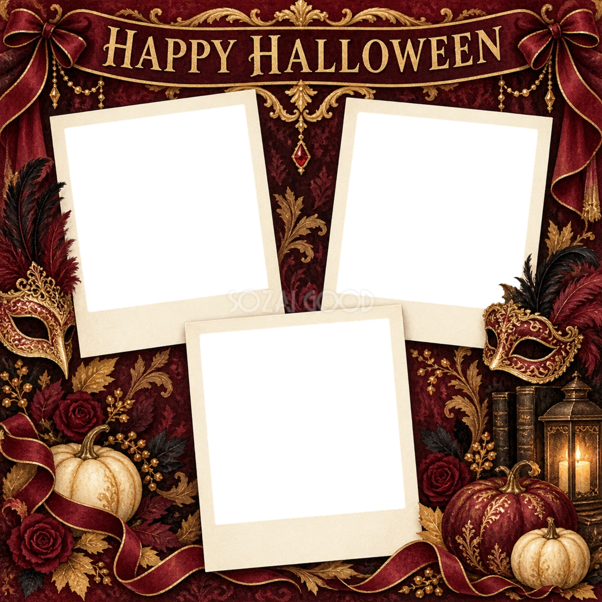 仮面舞踏会のハロウィン写真コラージュ|写真3枚の無料イラスト 98156