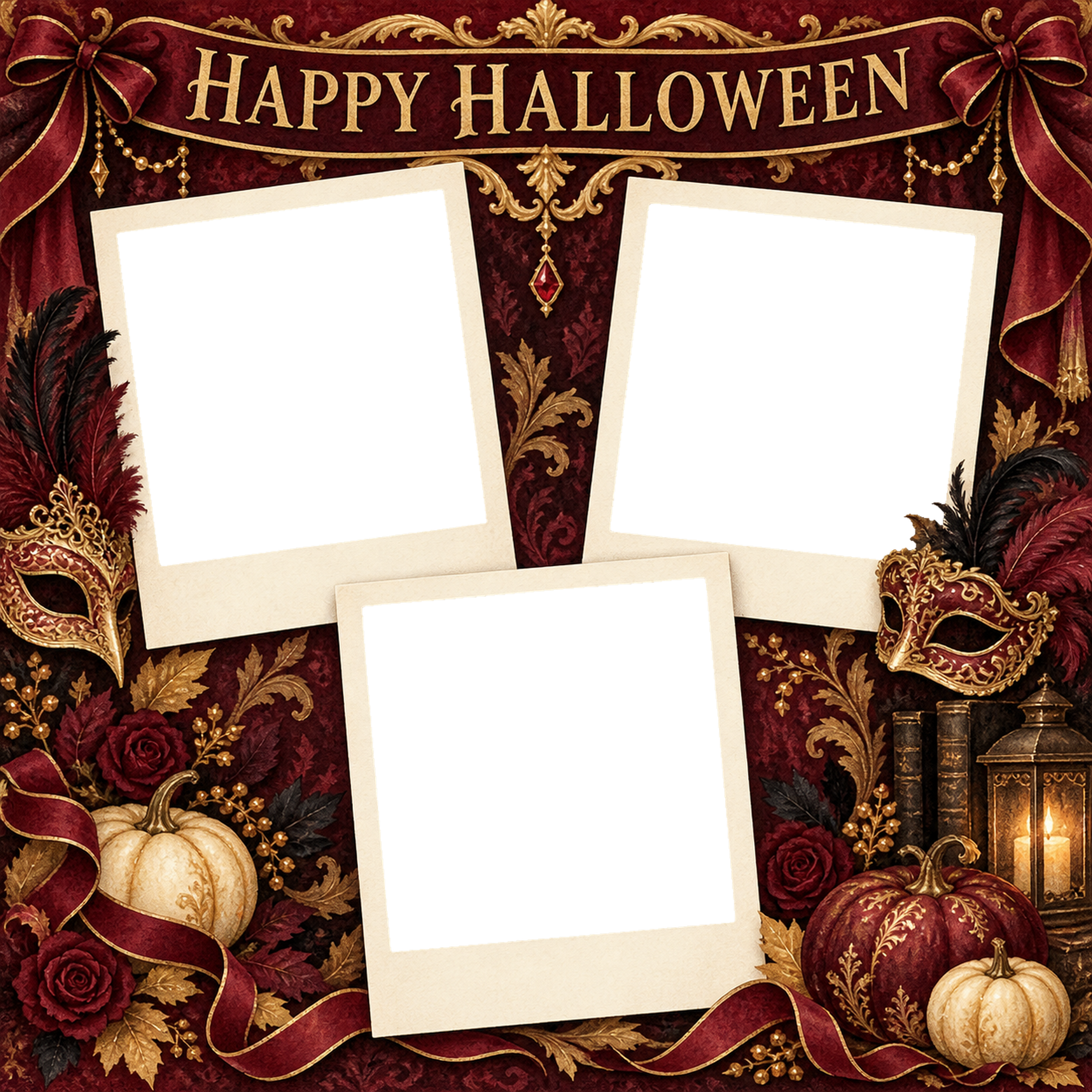仮面舞踏会のハロウィン写真コラージュ｜写真3枚の無料イラスト 98156に写真・文字を入れる