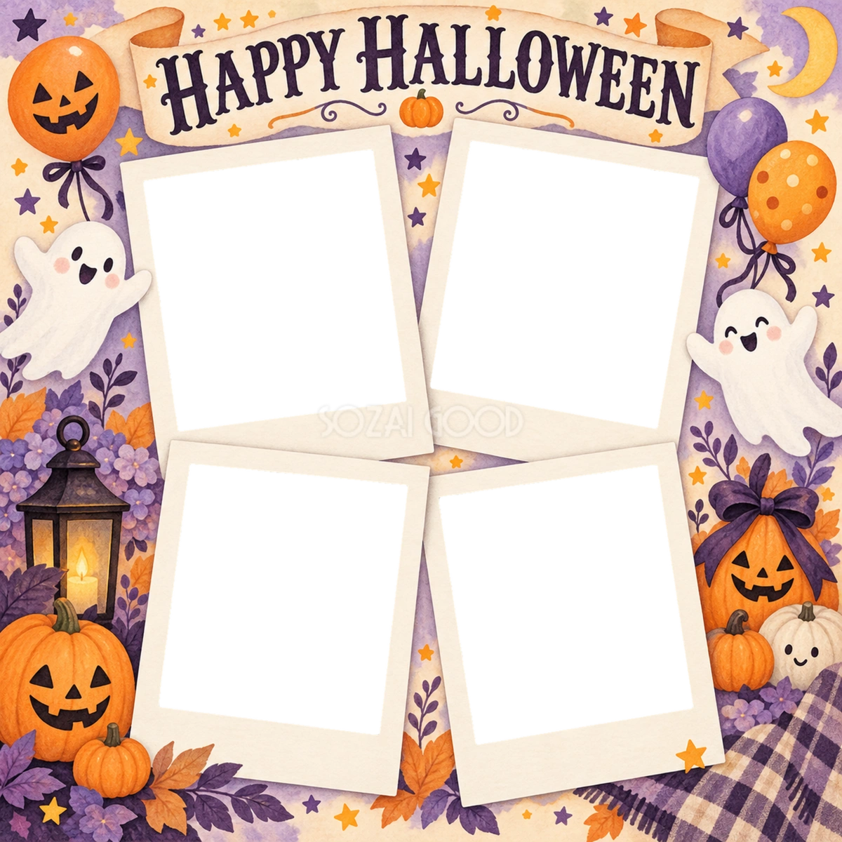 おばけと風船のハロウィン写真コラージュ｜写真4枚の無料イラスト 98157