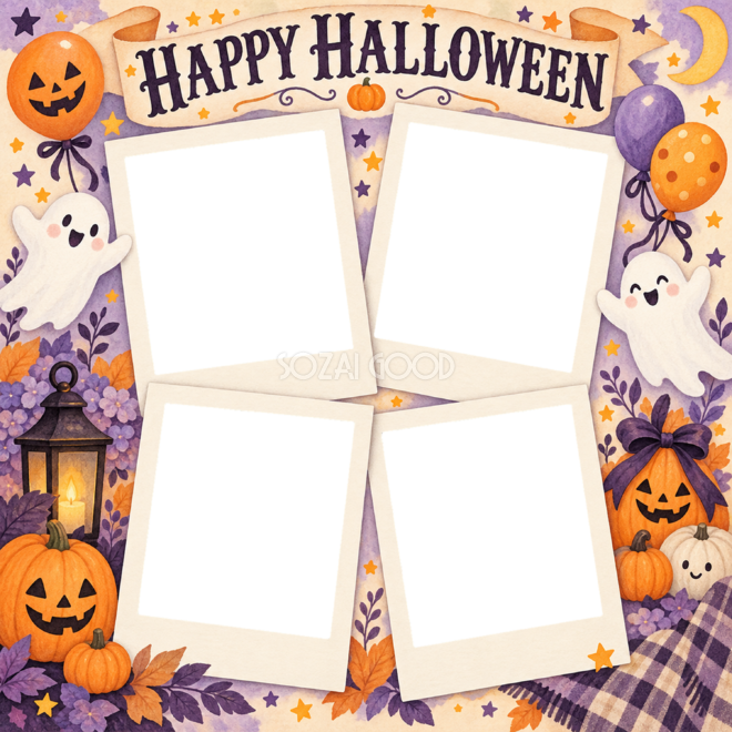 おばけと風船のハロウィン写真コラージュ｜写真4枚の無料イラスト 98157