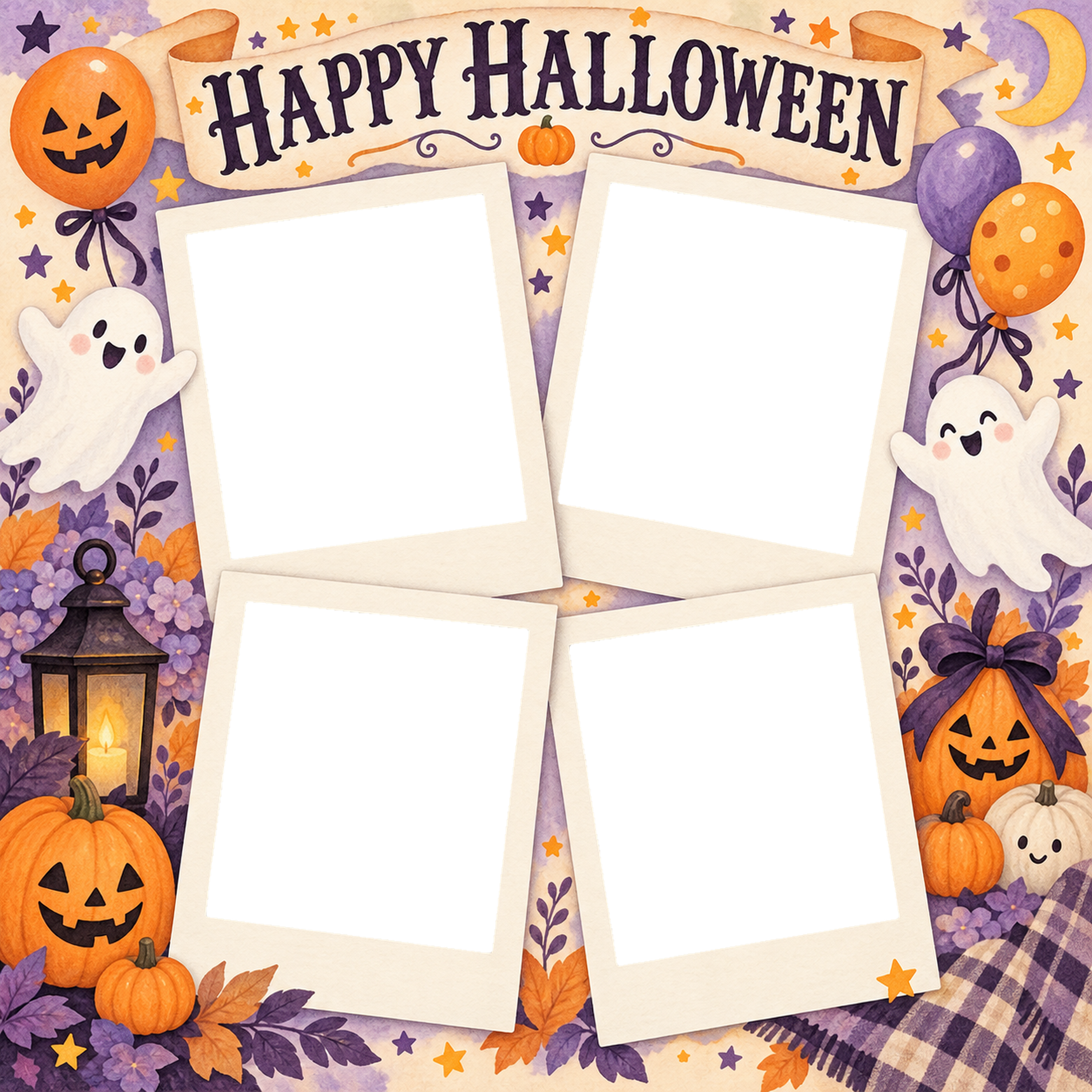 おばけと風船のハロウィン写真コラージュ｜写真4枚の無料イラスト 98157に写真・文字を入れる