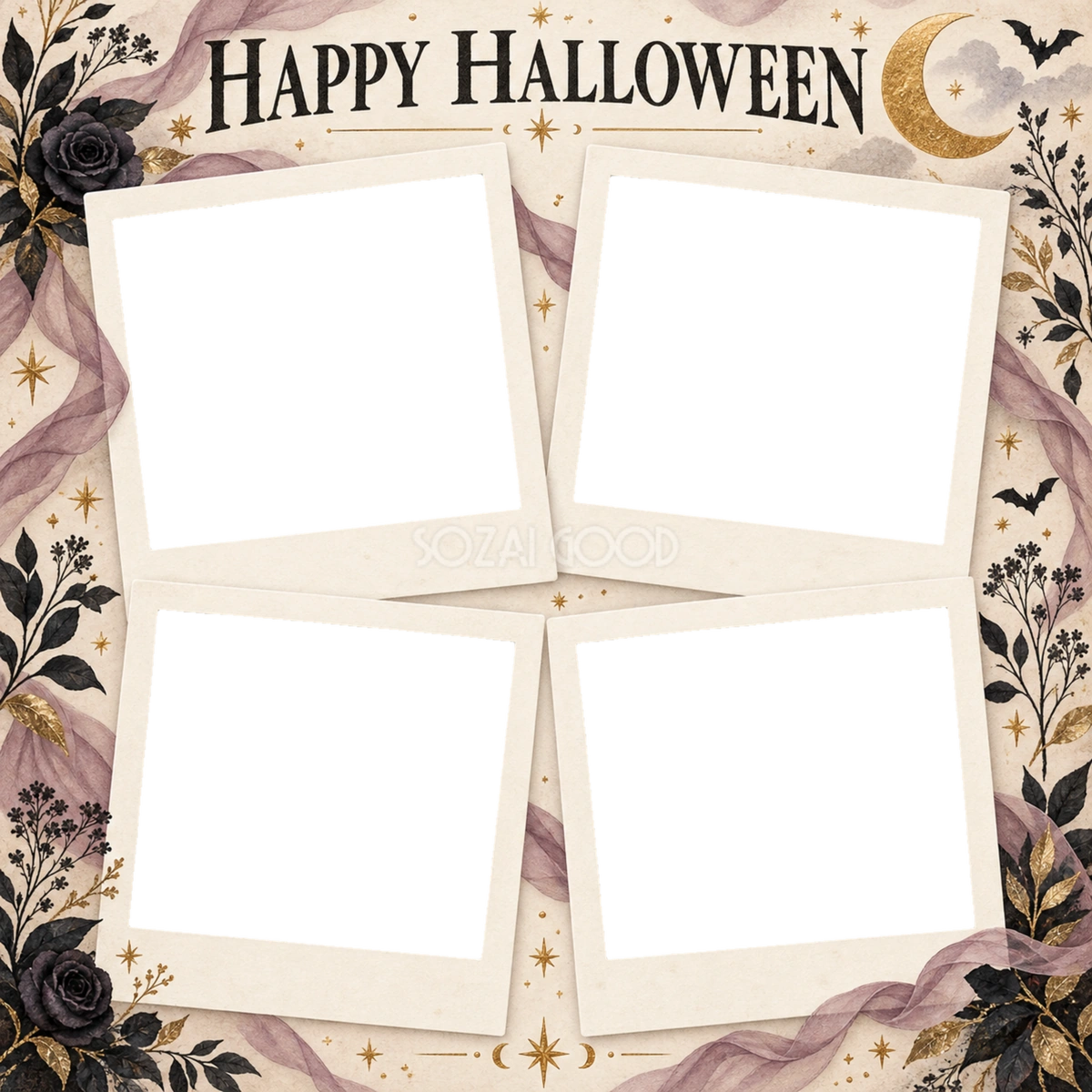 月と黒い花のハロウィン写真コラージュ｜写真4枚の無料イラスト 98158