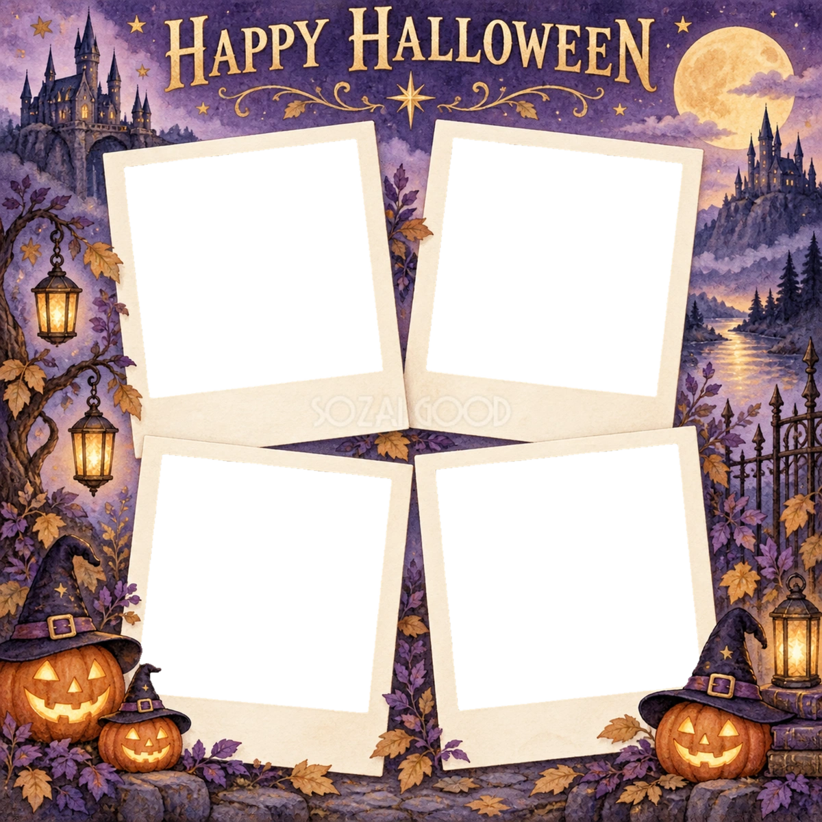 魔法のお城のハロウィン写真コラージュ|写真4枚の無料イラスト 98160