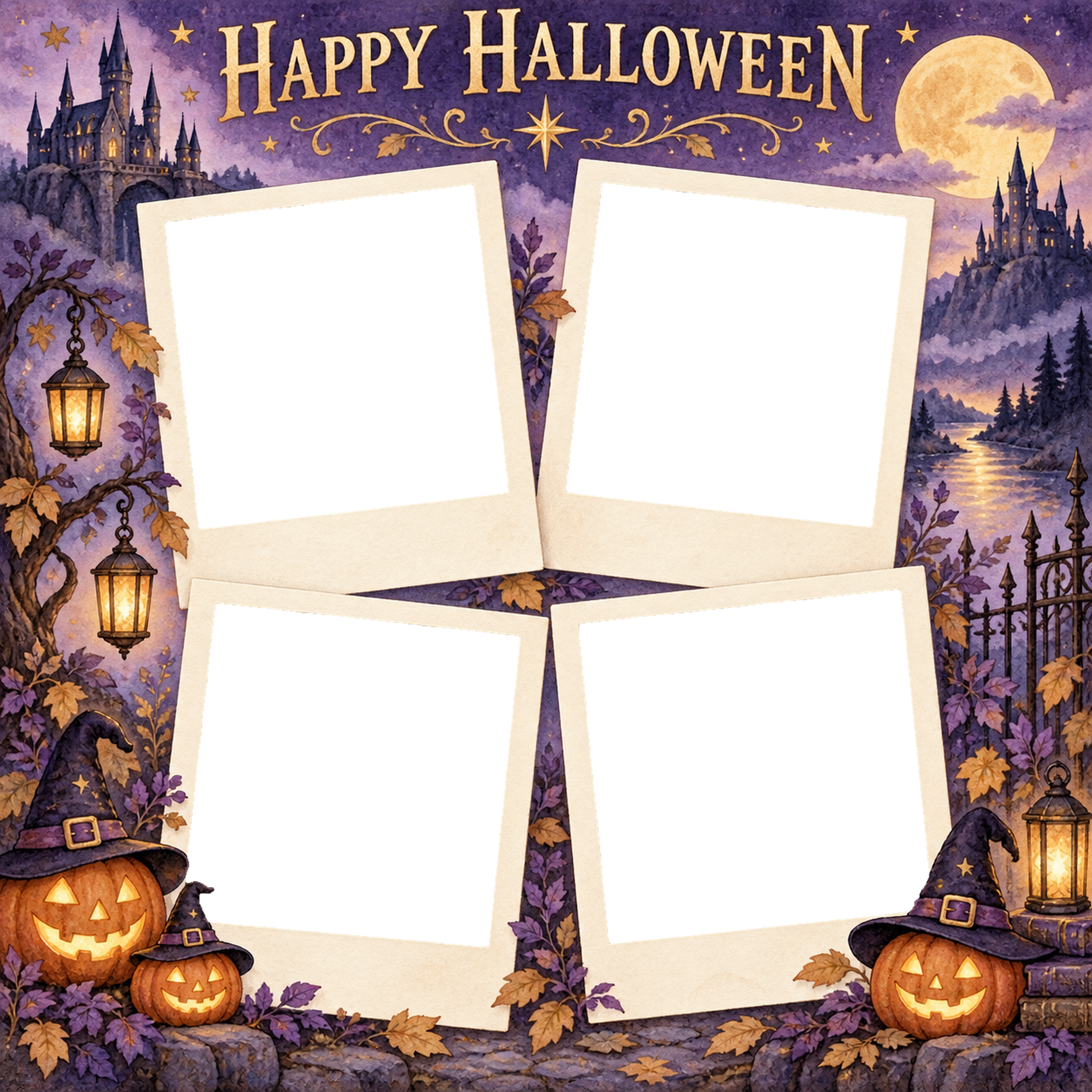 魔法のお城のハロウィン写真コラージュ｜写真4枚の無料イラスト 98160に写真・文字を入れる
