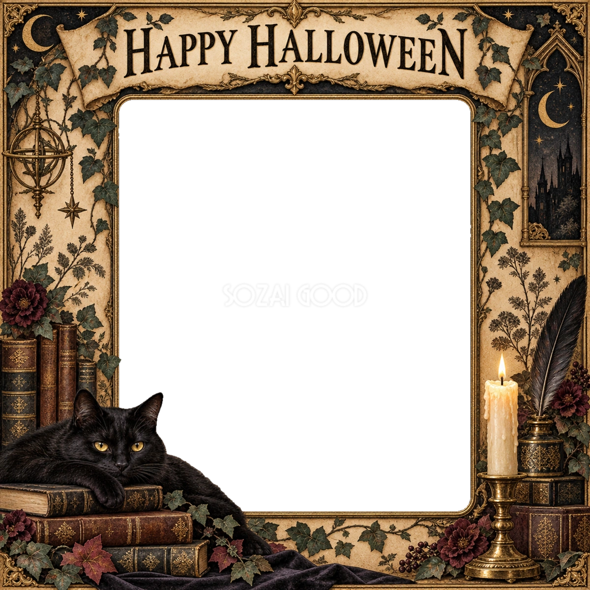 黒猫と古い洋書のハロウィン写真フレーム｜大人向け無料イラスト 98165